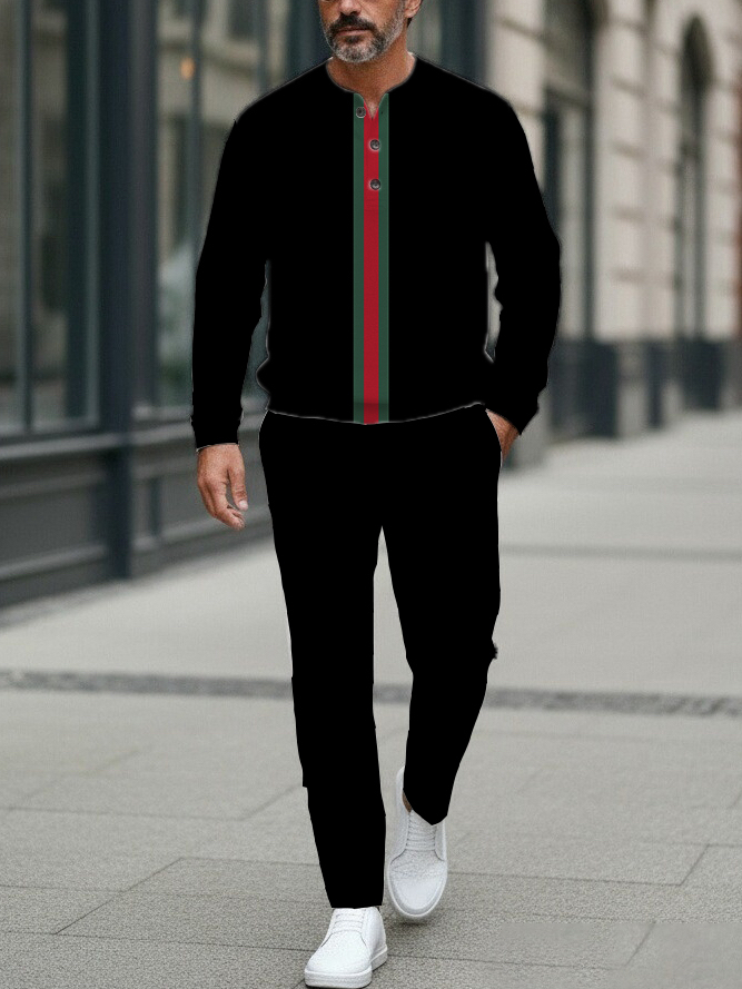 Men's Fashion Casual Geometric Print Long Sleeve Button Design Two-Piece Set