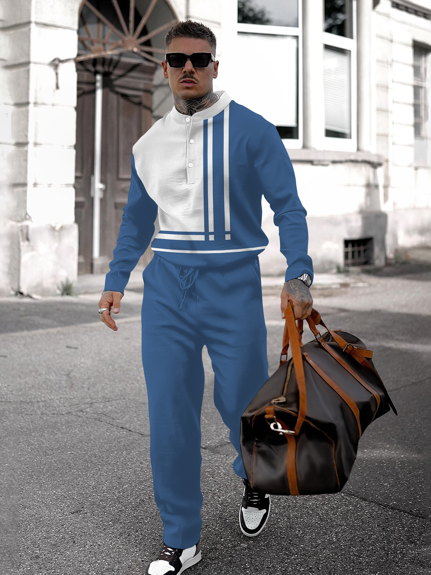 Men's fashion casual geometric print long sleeve two-piece set