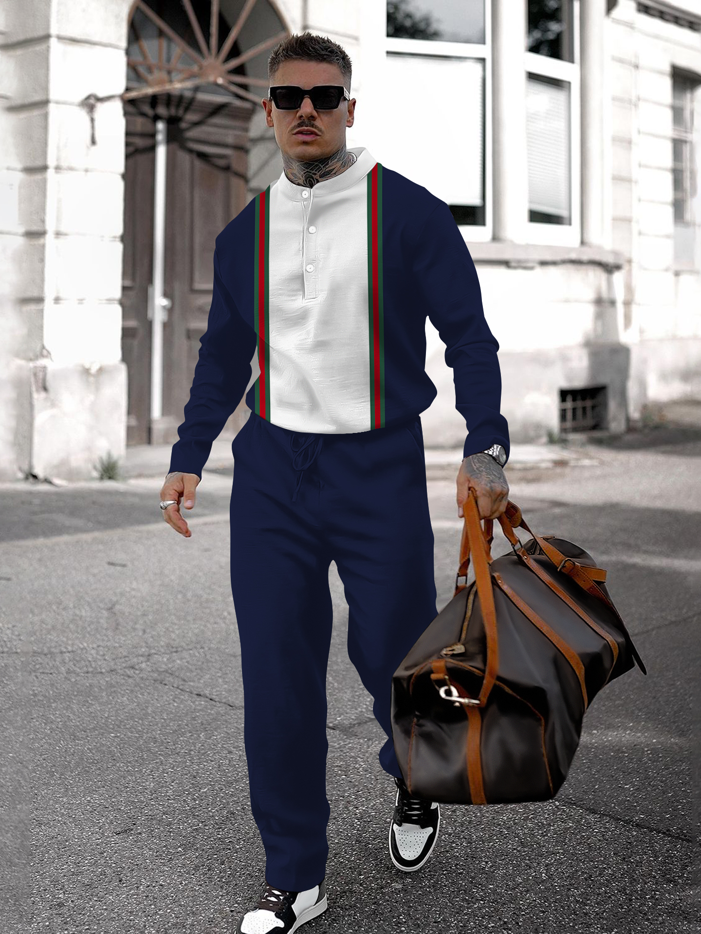 Men's fashion casual geometric print long sleeve two-piece set