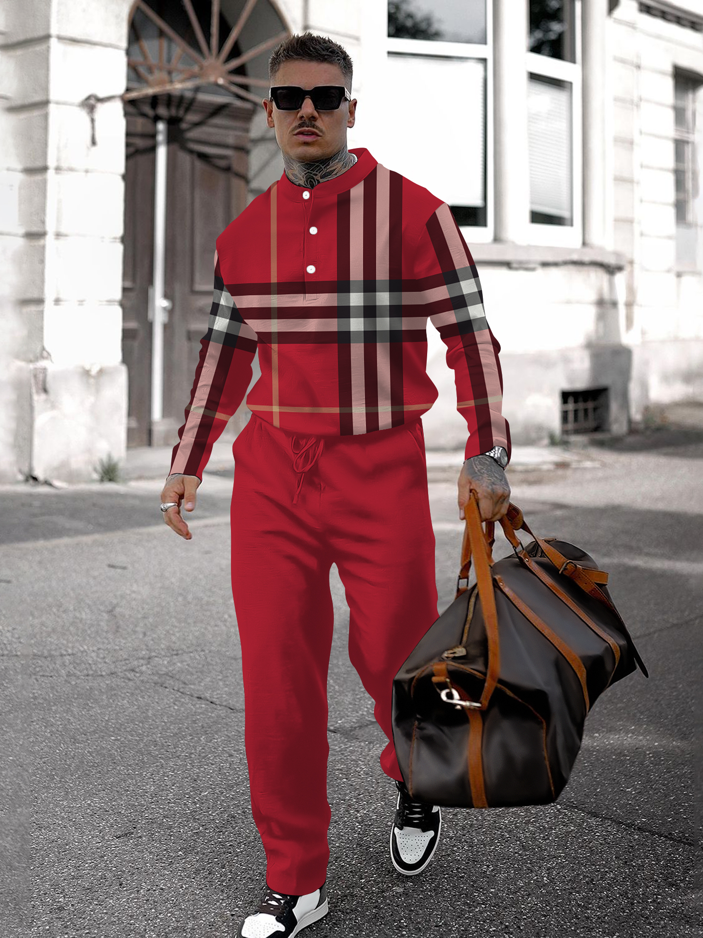 Men's fashion casual geometric print long sleeve two-piece set