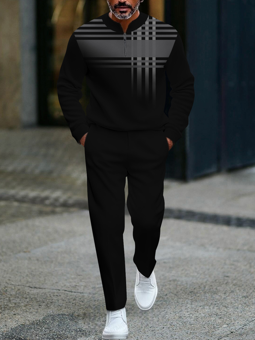 Men's fashion casual geometric print long sleeve zipper two-piece set