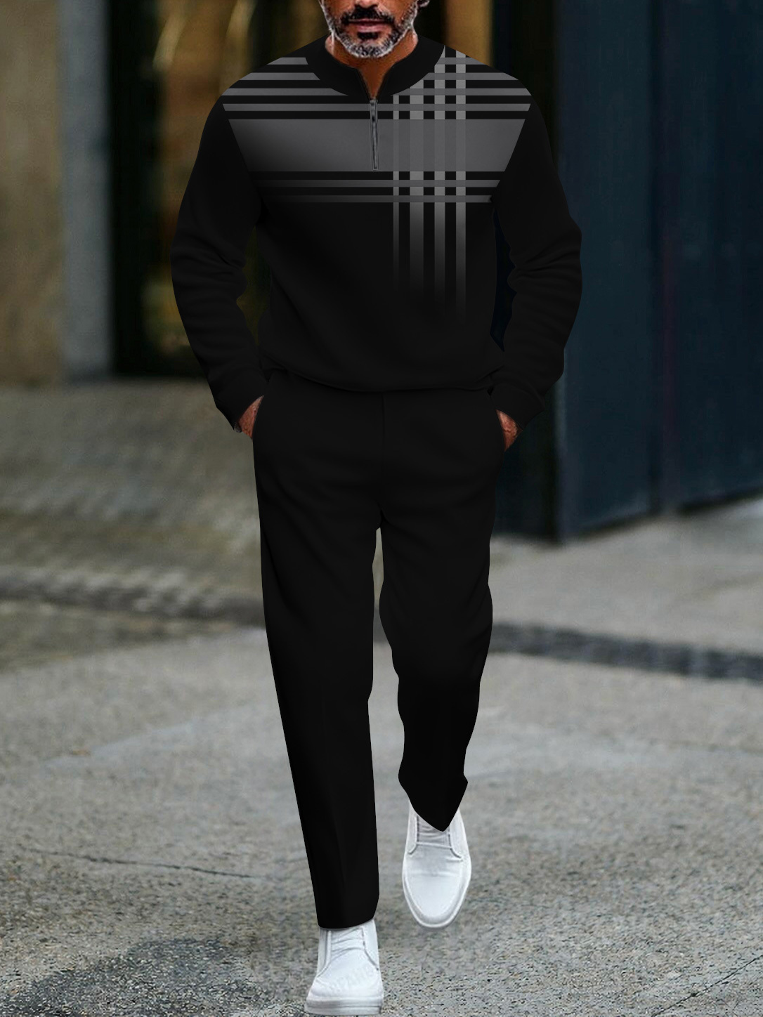 Men's fashion casual geometric print long sleeve zipper two-piece set