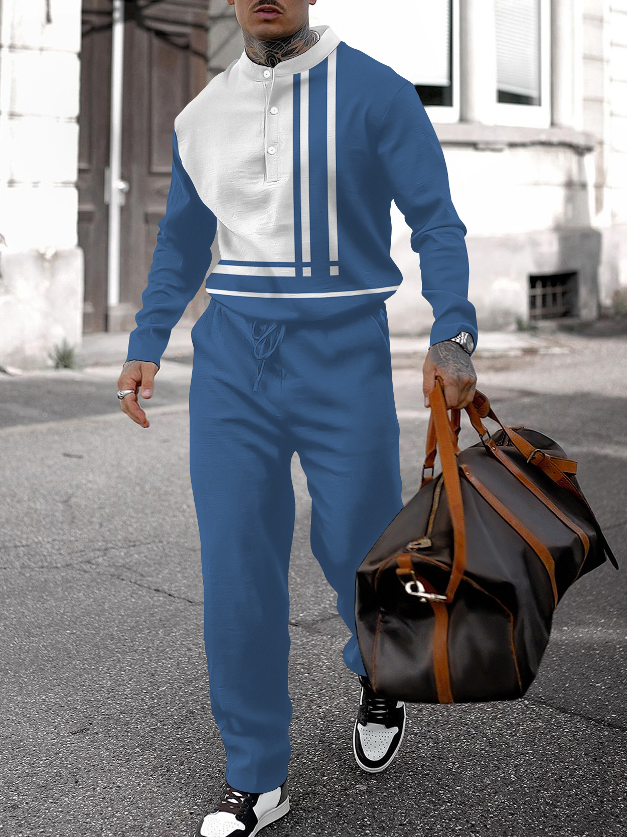 Men's fashion casual geometric print long sleeve two-piece set