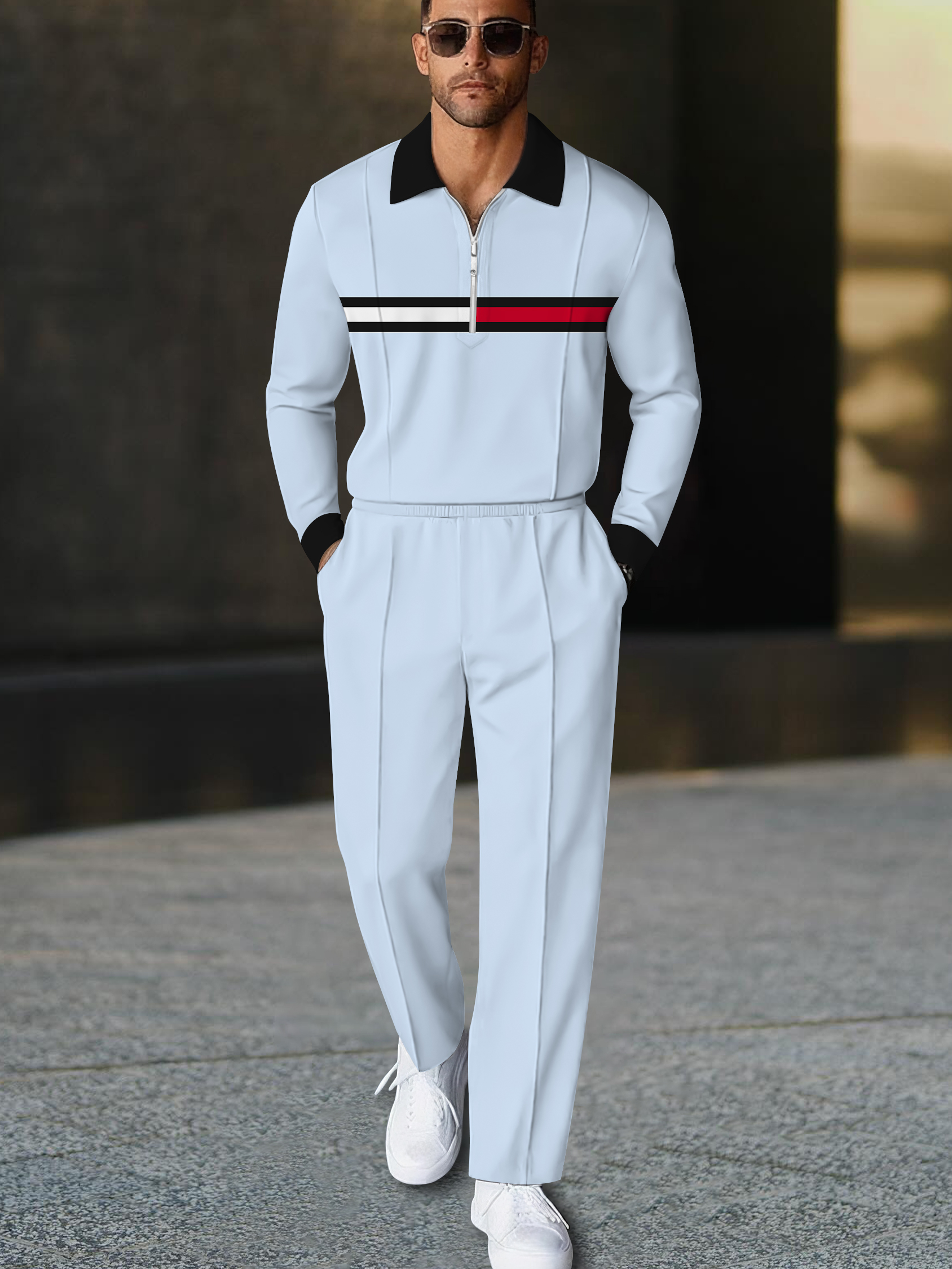 Men's fashion casual geometric print long sleeve zipper polo two-piece set