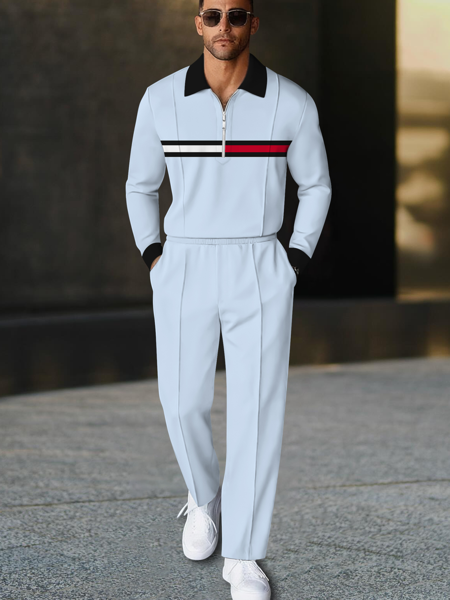 Men's fashion casual geometric print long sleeve zipper polo two-piece set