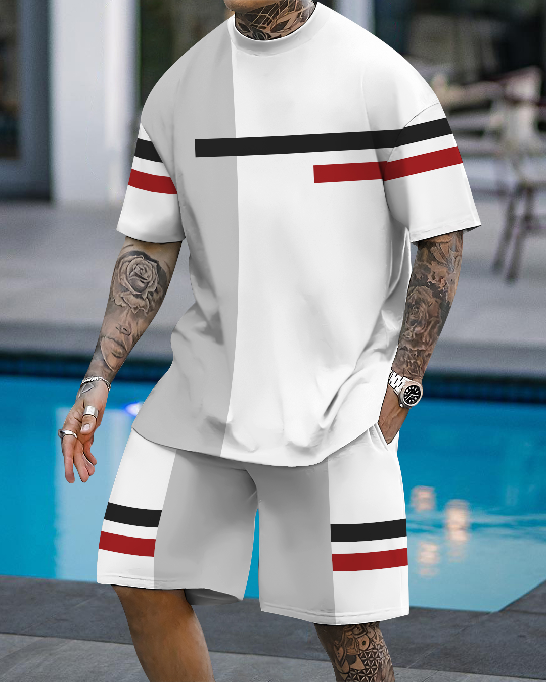 Men's fashion casual color matching printed short-sleeved two-piece set