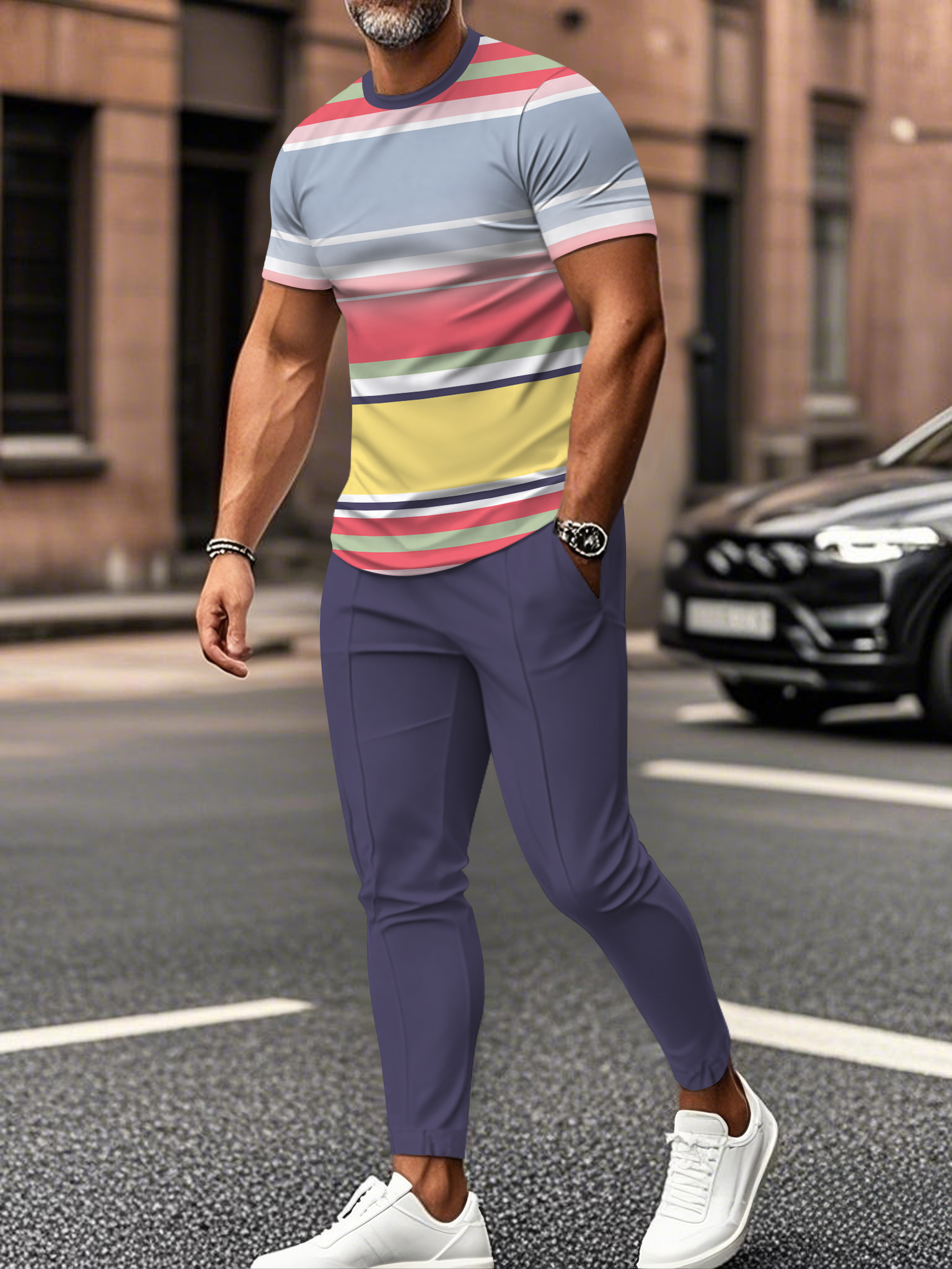 Men's fashion casual color matching striped printed short sleeved trousers two-piece set