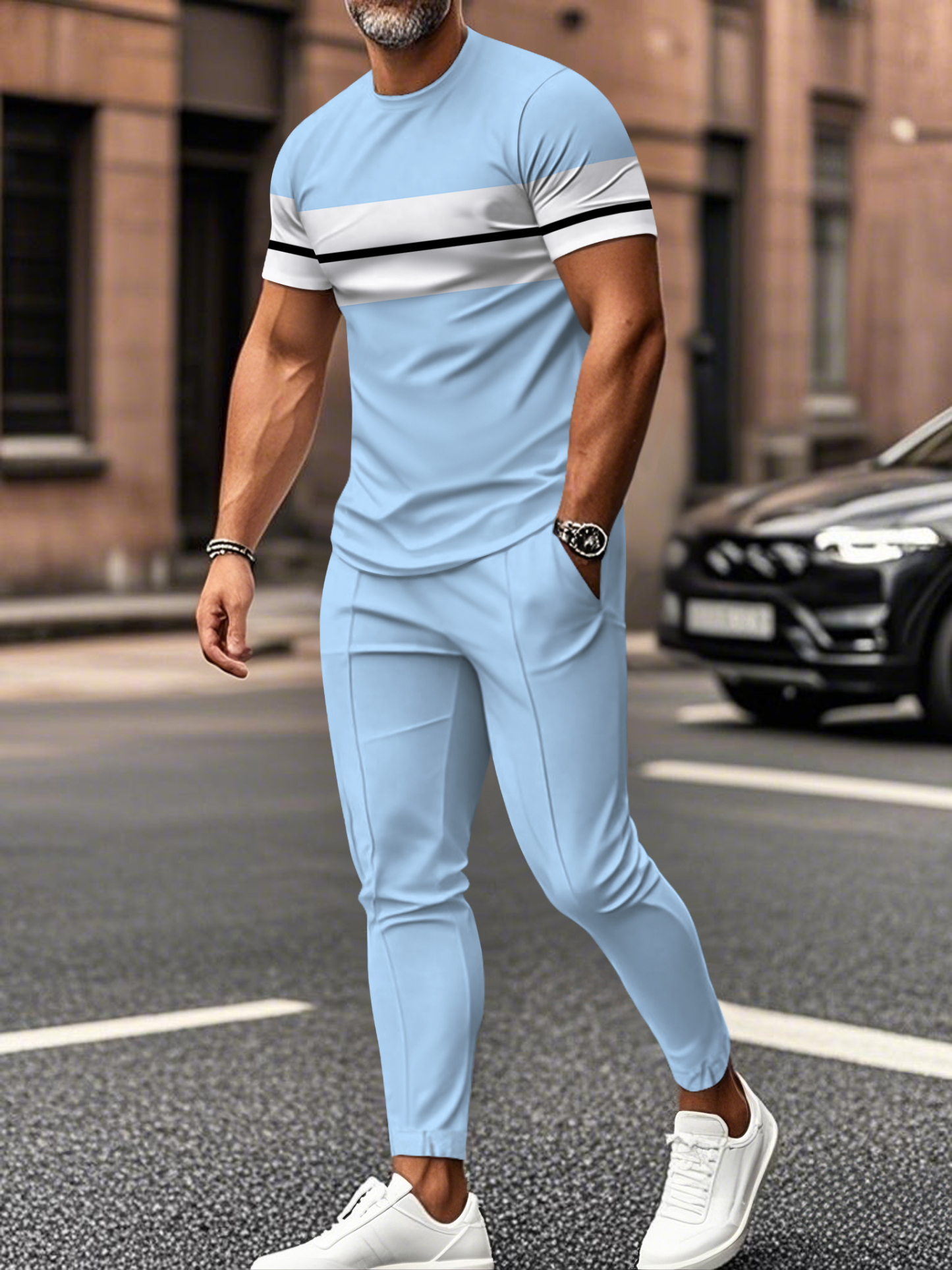 Men's fashion casual color matching striped printed short sleeved trousers two-piece set