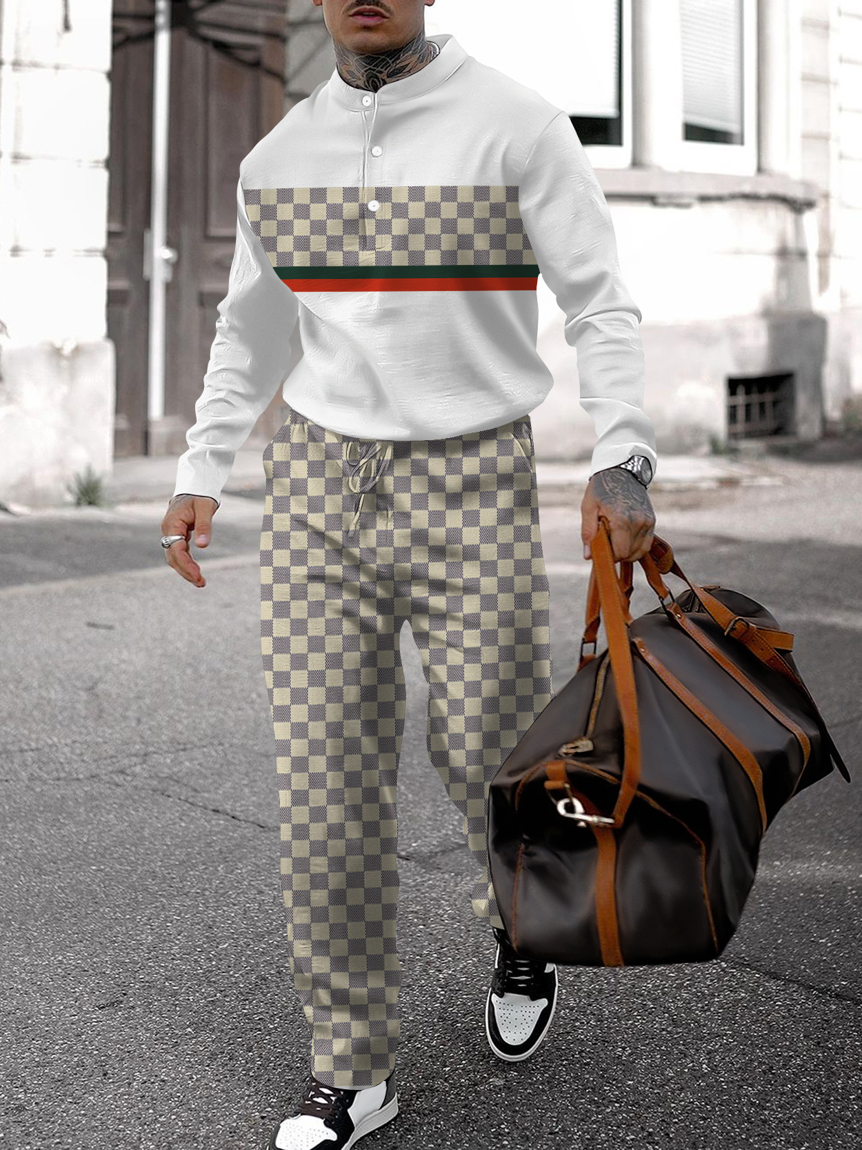 Men's fashion casual geometric print long sleeve two-piece set