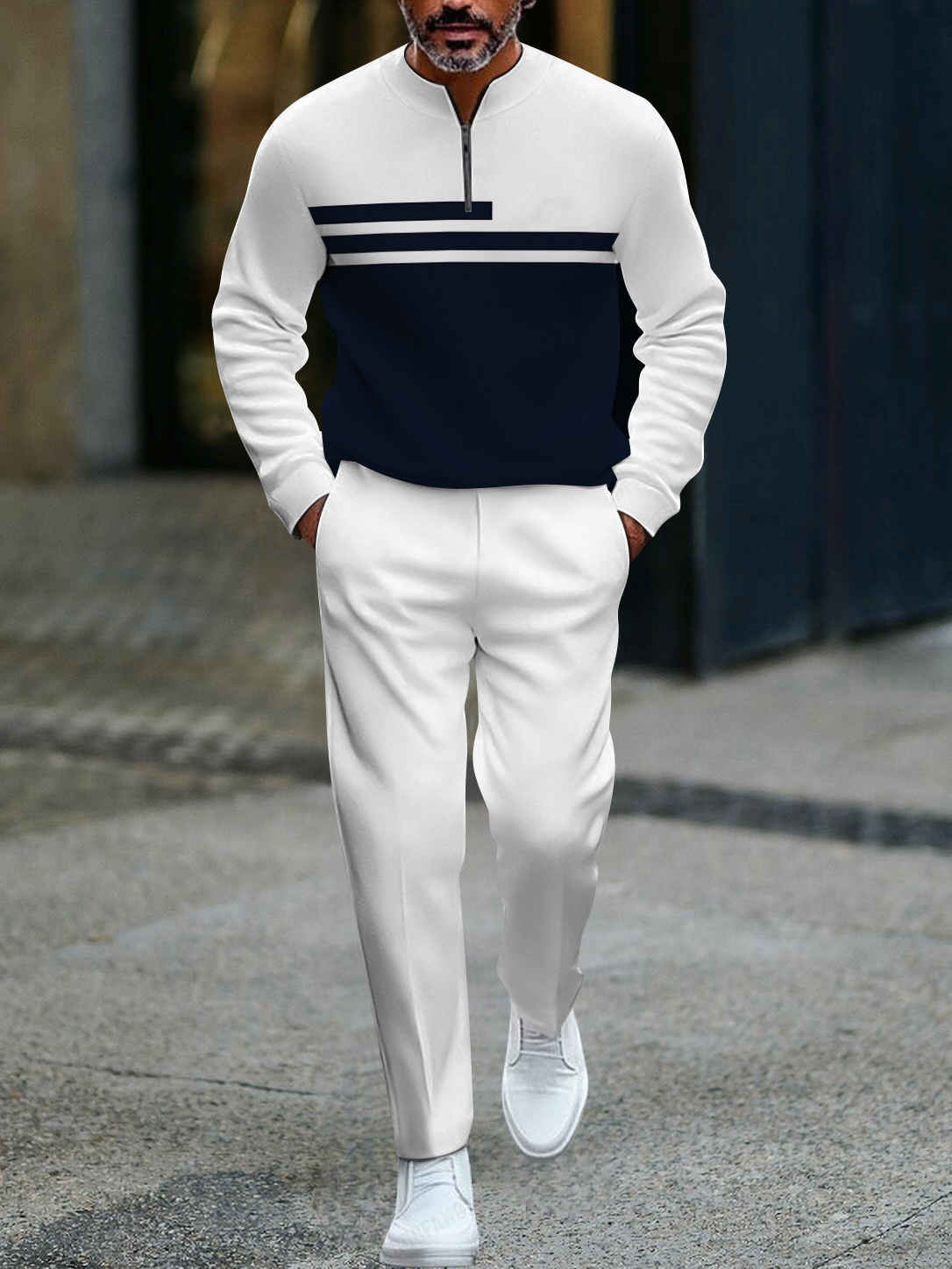 Men's fashion casual geometric print long sleeve zipper two-piece set