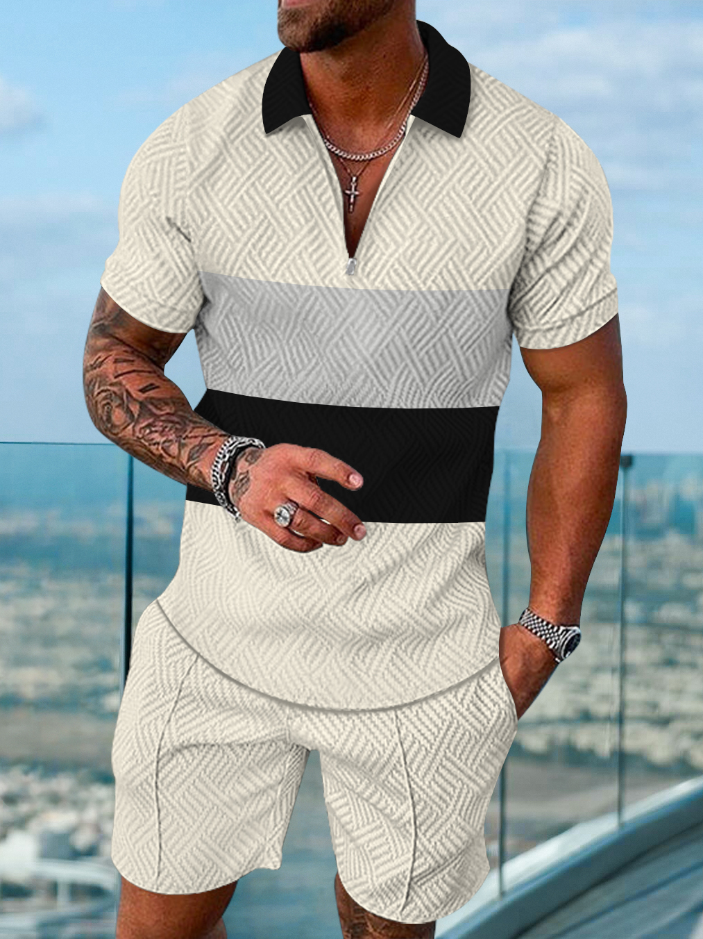 Men's fashion casual color matching printed polo two-piece set