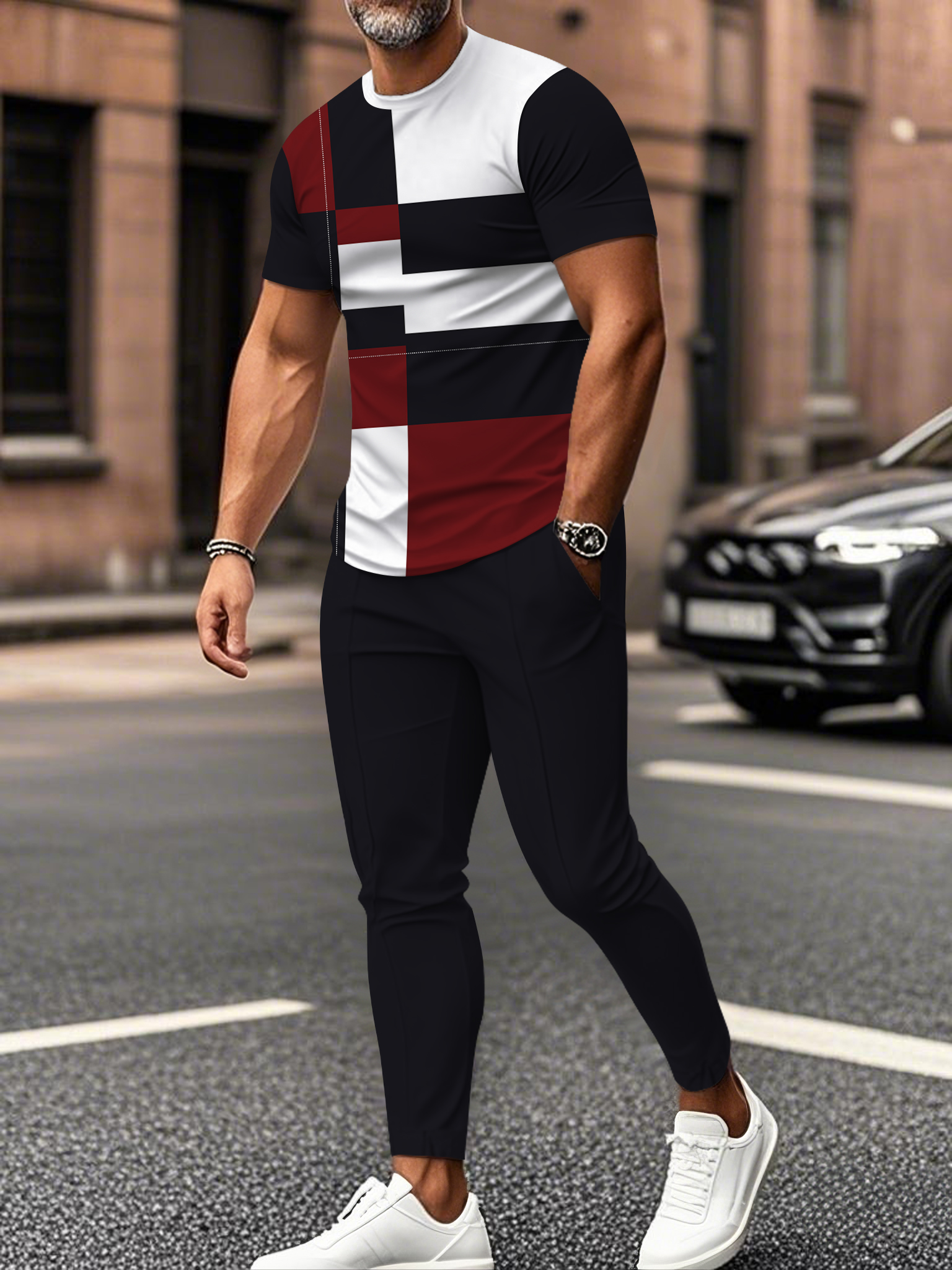 Men's fashion casual color matching striped printed short sleeved trousers two-piece set