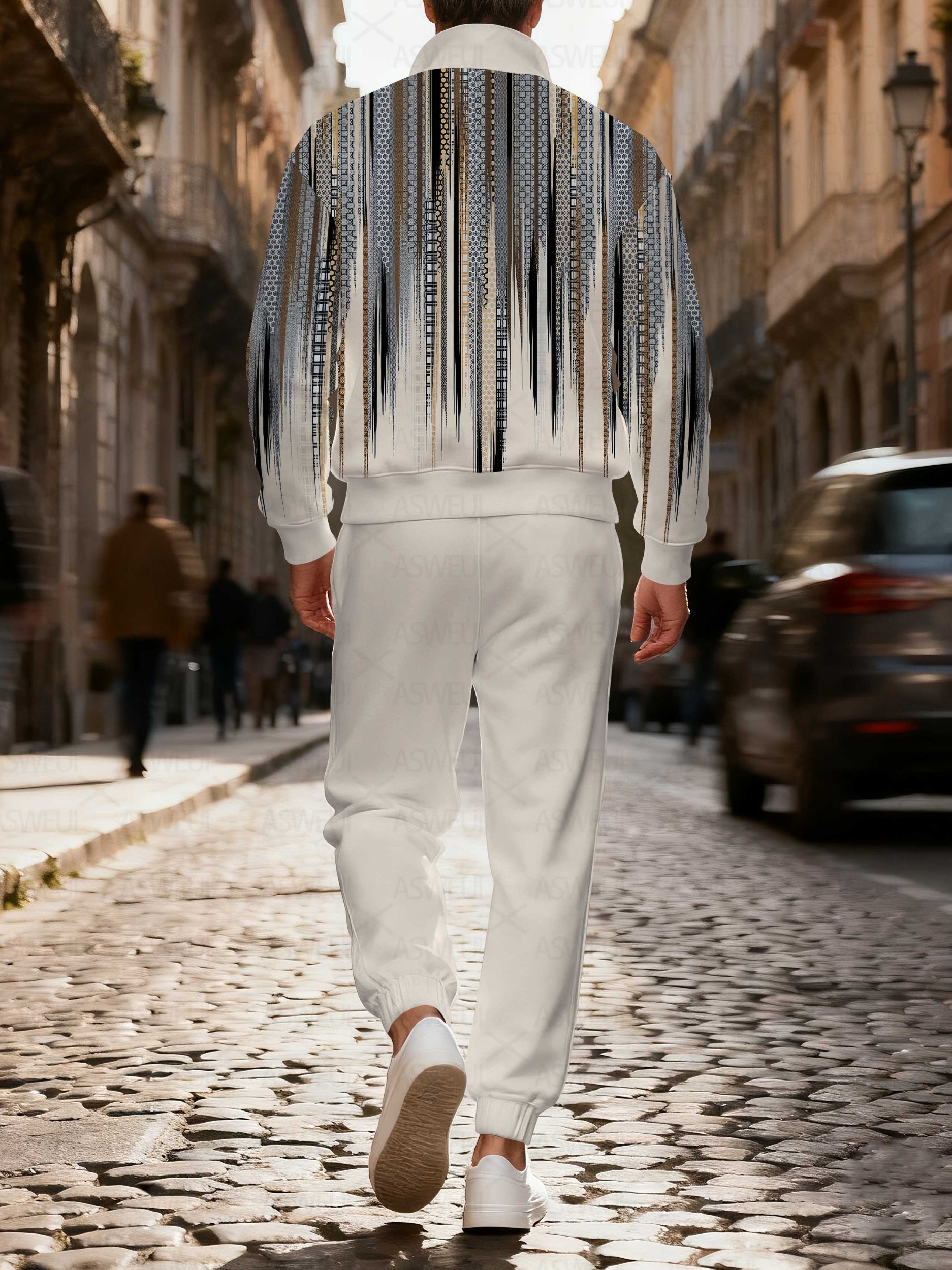 Men's fashionable khaki geometric print zipper long-sleeved two-piece set