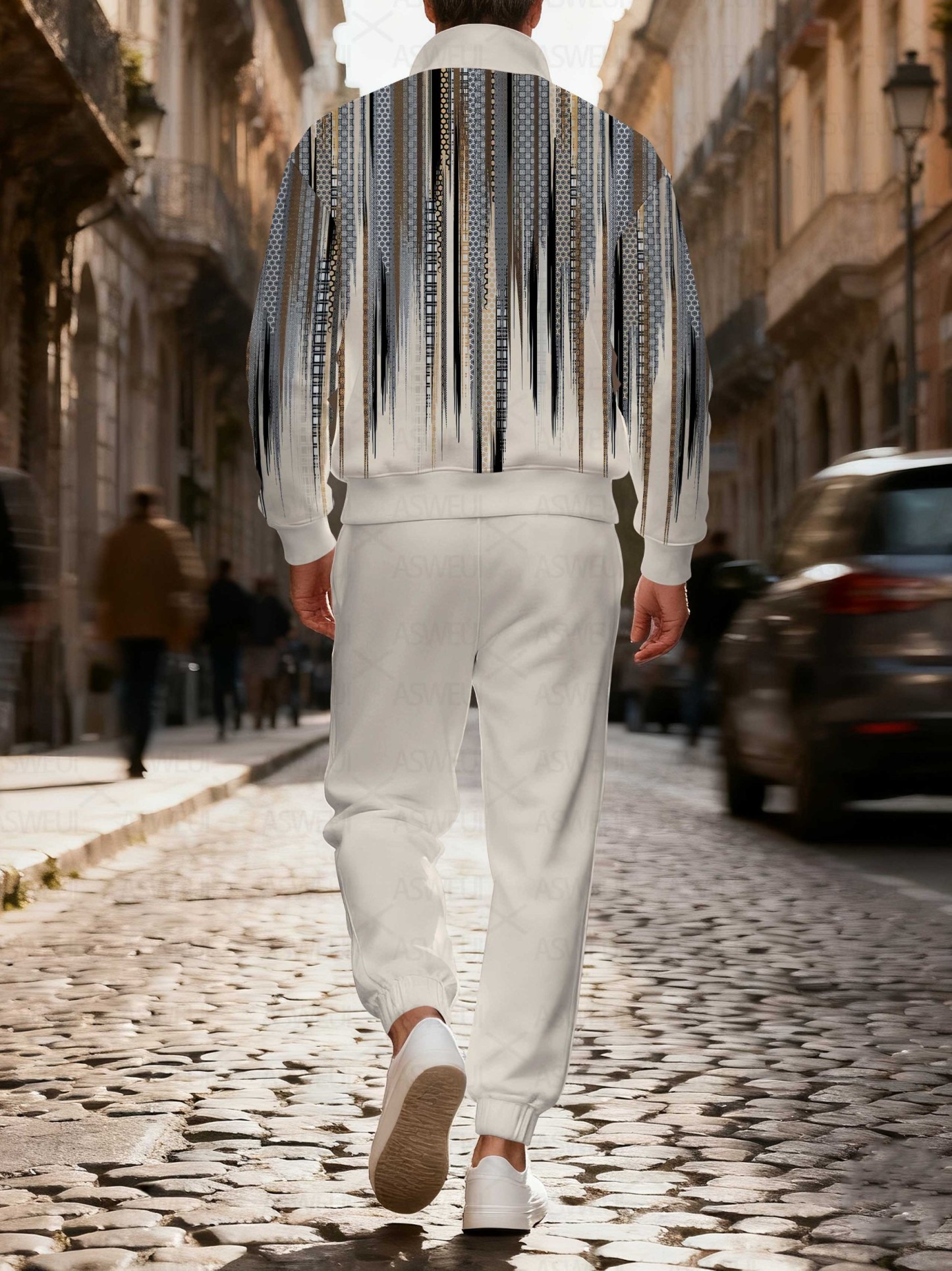 Men's fashionable khaki geometric print zipper long-sleeved two-piece set