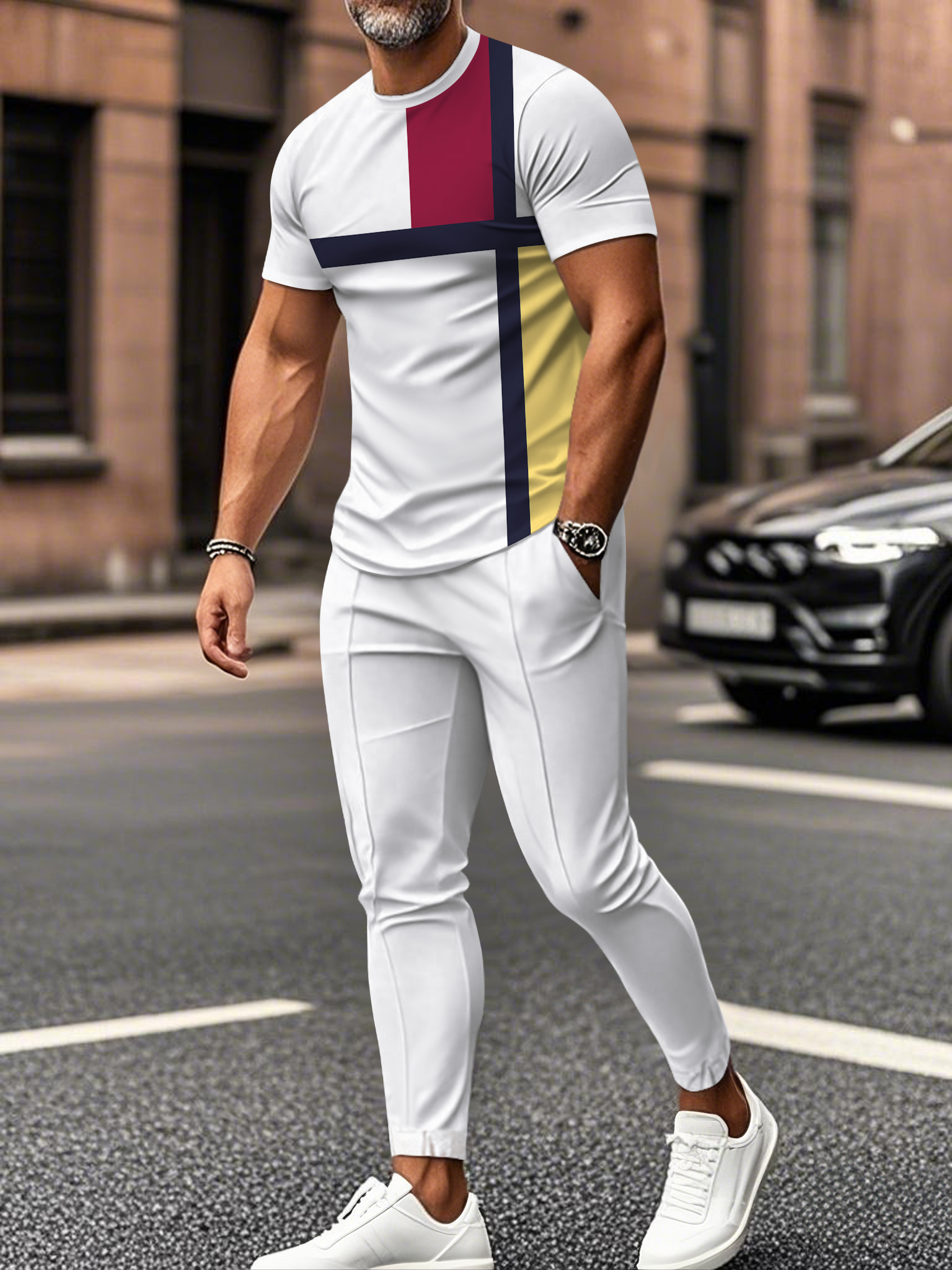 Men's fashion casual color matching striped printed short sleeved trousers two-piece set