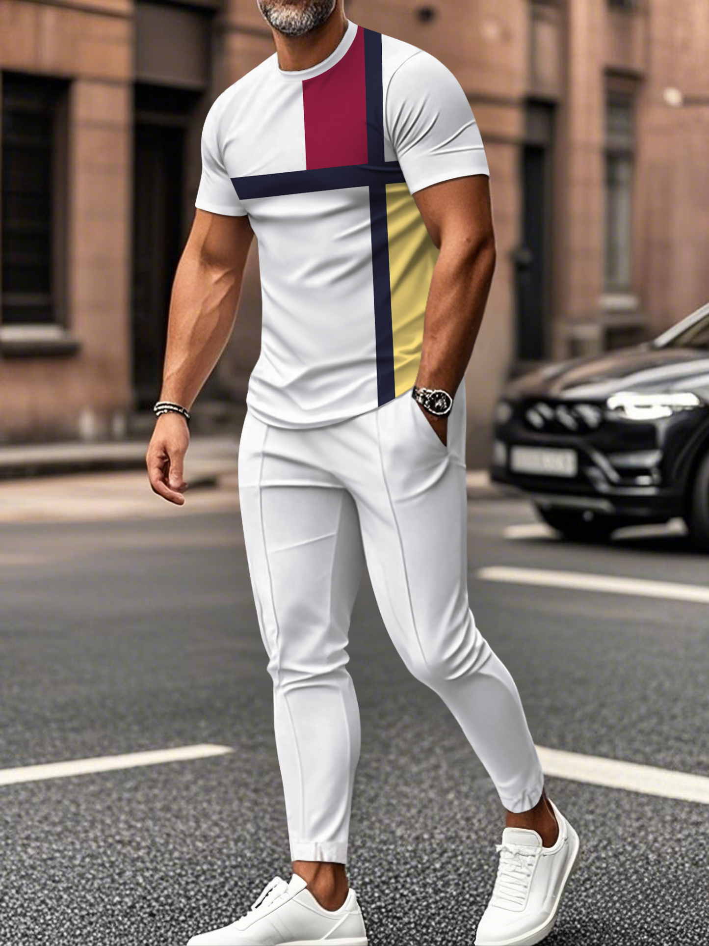 Men's fashion casual color matching striped printed short sleeved trousers two-piece set