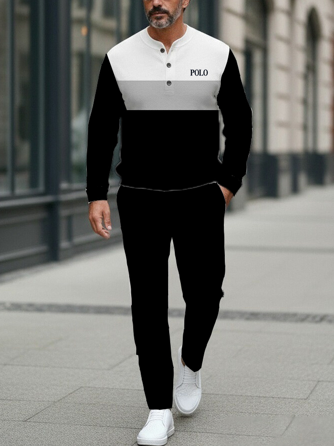 Men's Fashion Casual Geometric Print Long Sleeve Button Design Two-Piece Set