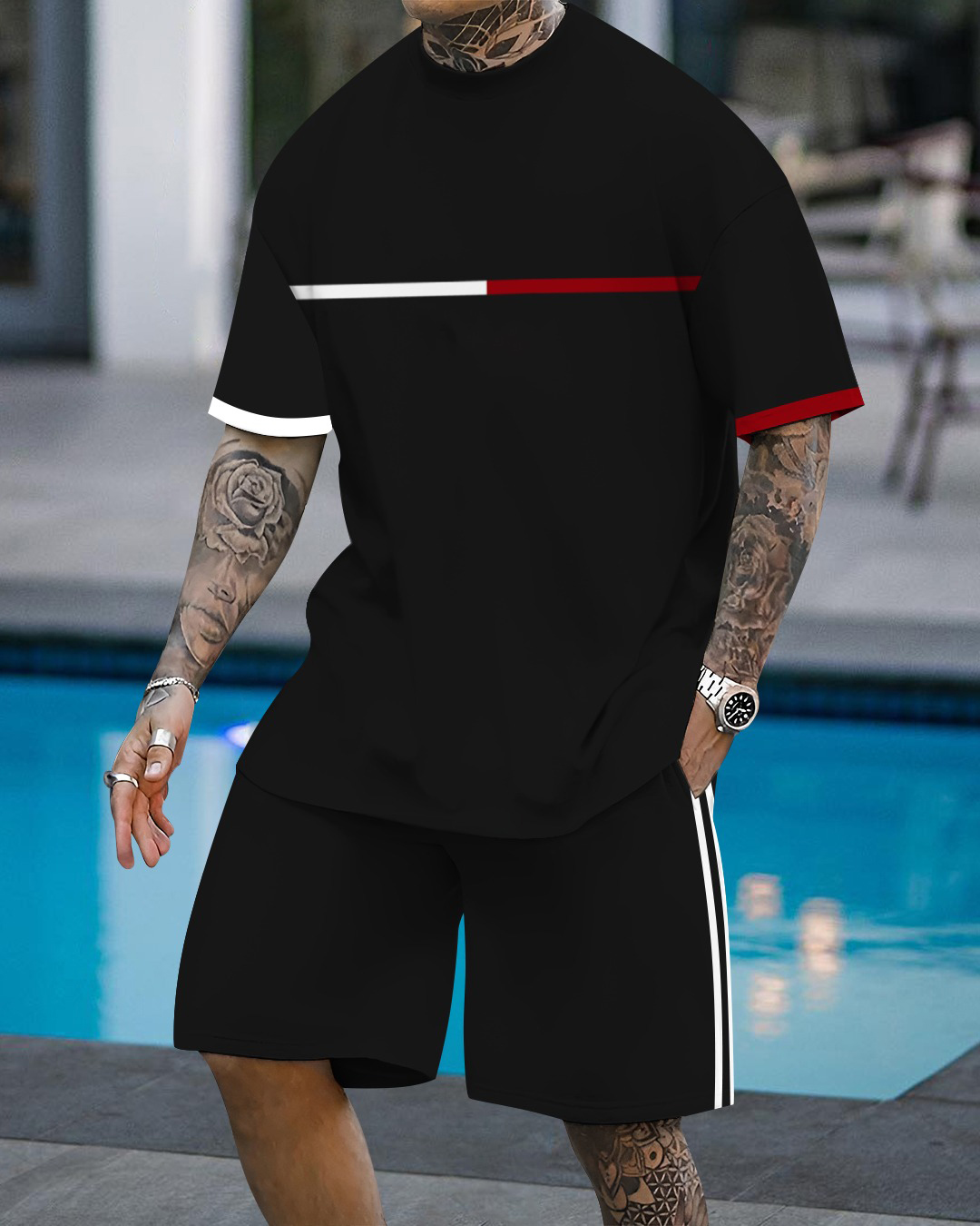 Men's fashion casual color matching printed short-sleeved two-piece se