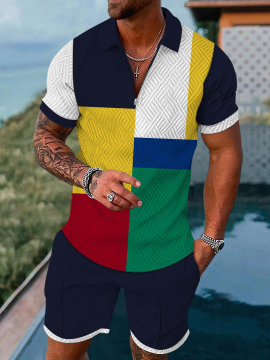 Men's fashion casual geometric print short sleeve polo two-piece set