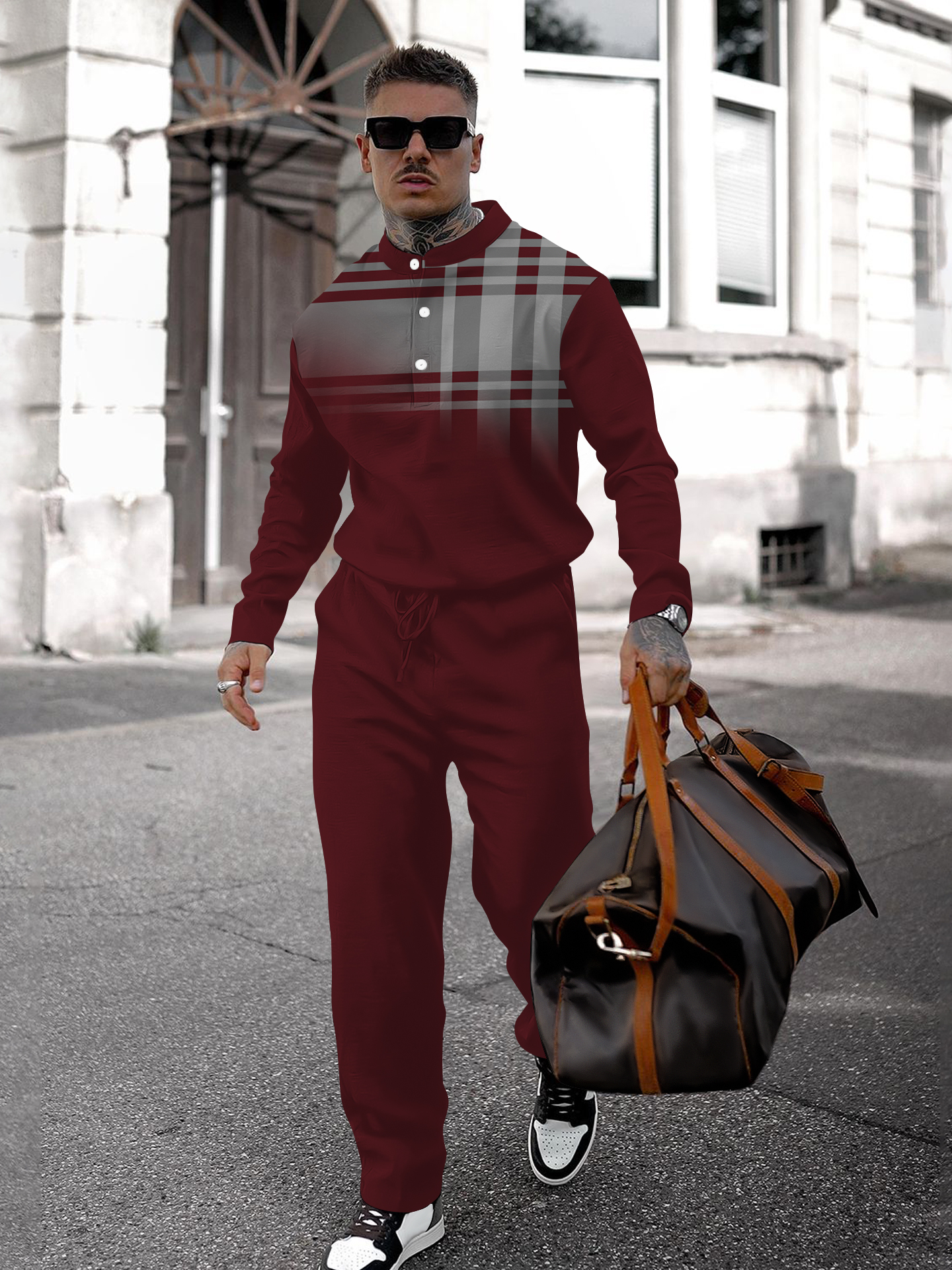 Men's fashion casual geometric print long sleeve two-piece set