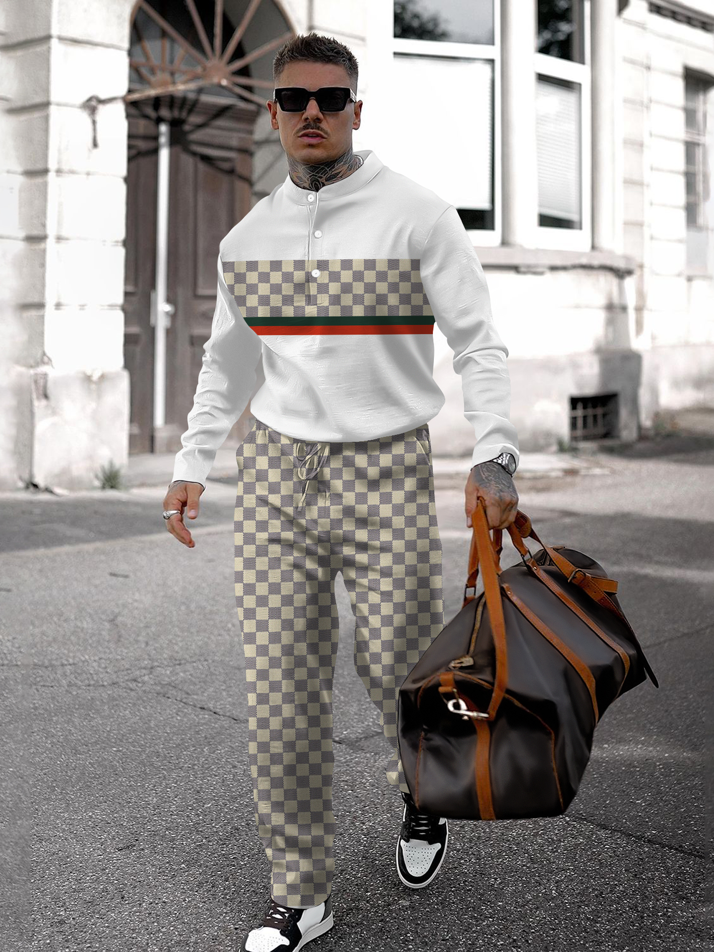 Men's fashion casual geometric print long sleeve two-piece set