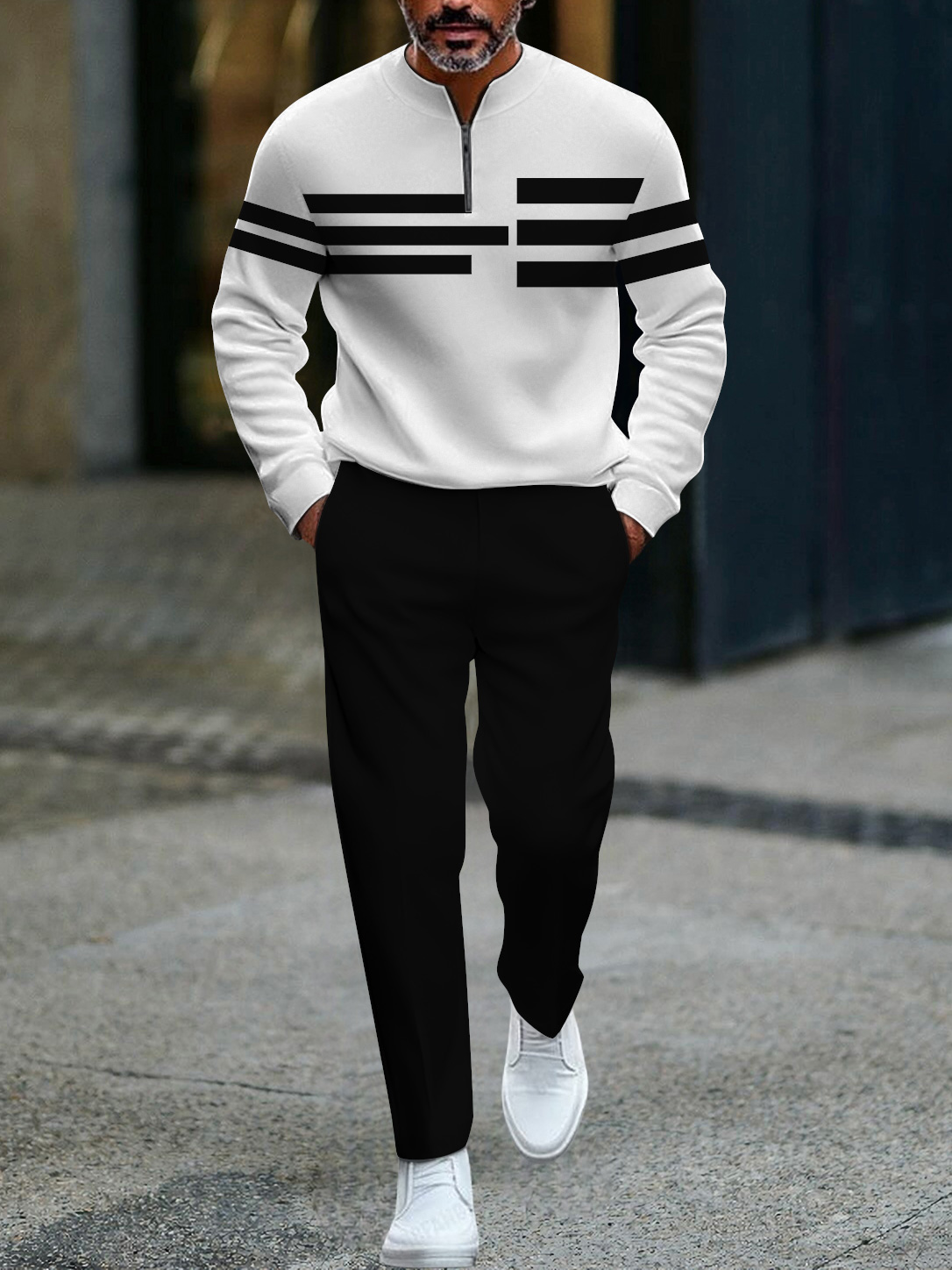 Men's fashion casual geometric print long sleeve zipper two-piece set