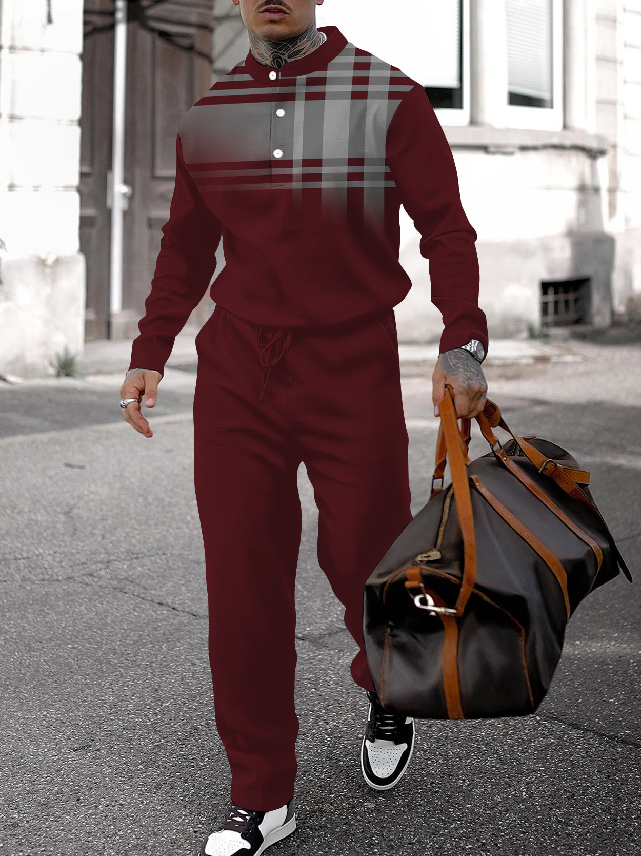 Men's fashion casual geometric print long sleeve two-piece set