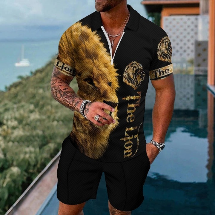 Men's fashion casual geometric print short sleeve polo two-piece set