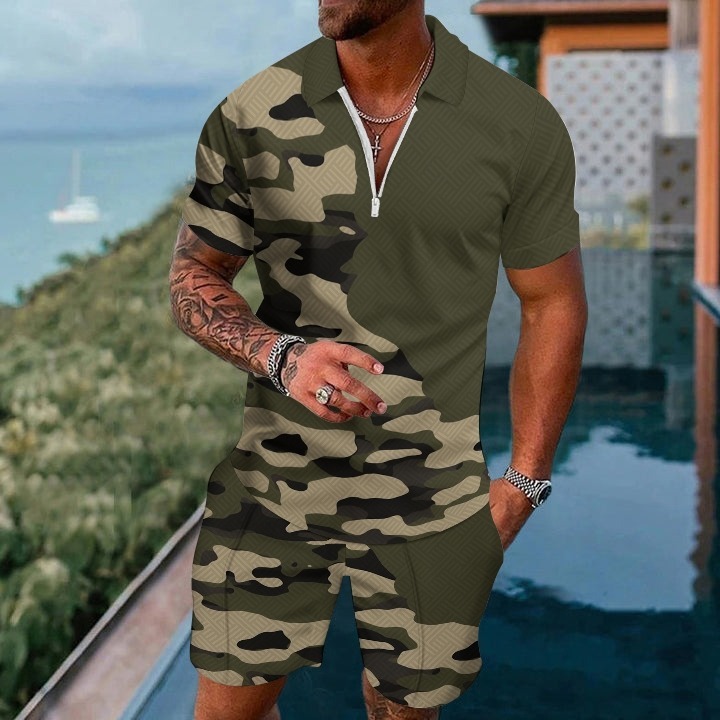 Men's fashion casual geometric print short sleeve polo two-piece set