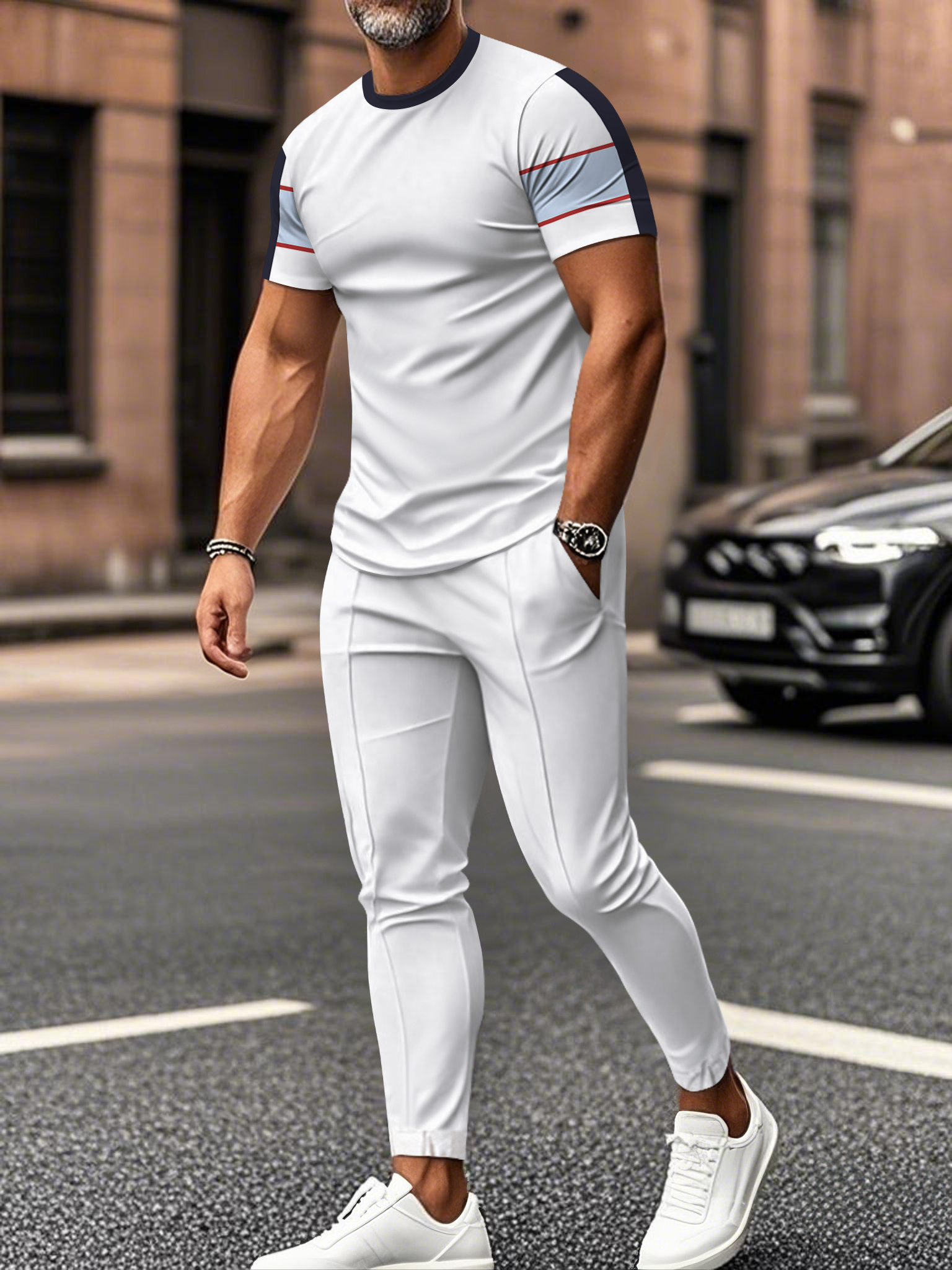 Men's fashion casual color matching striped printed short sleeved trousers two-piece set