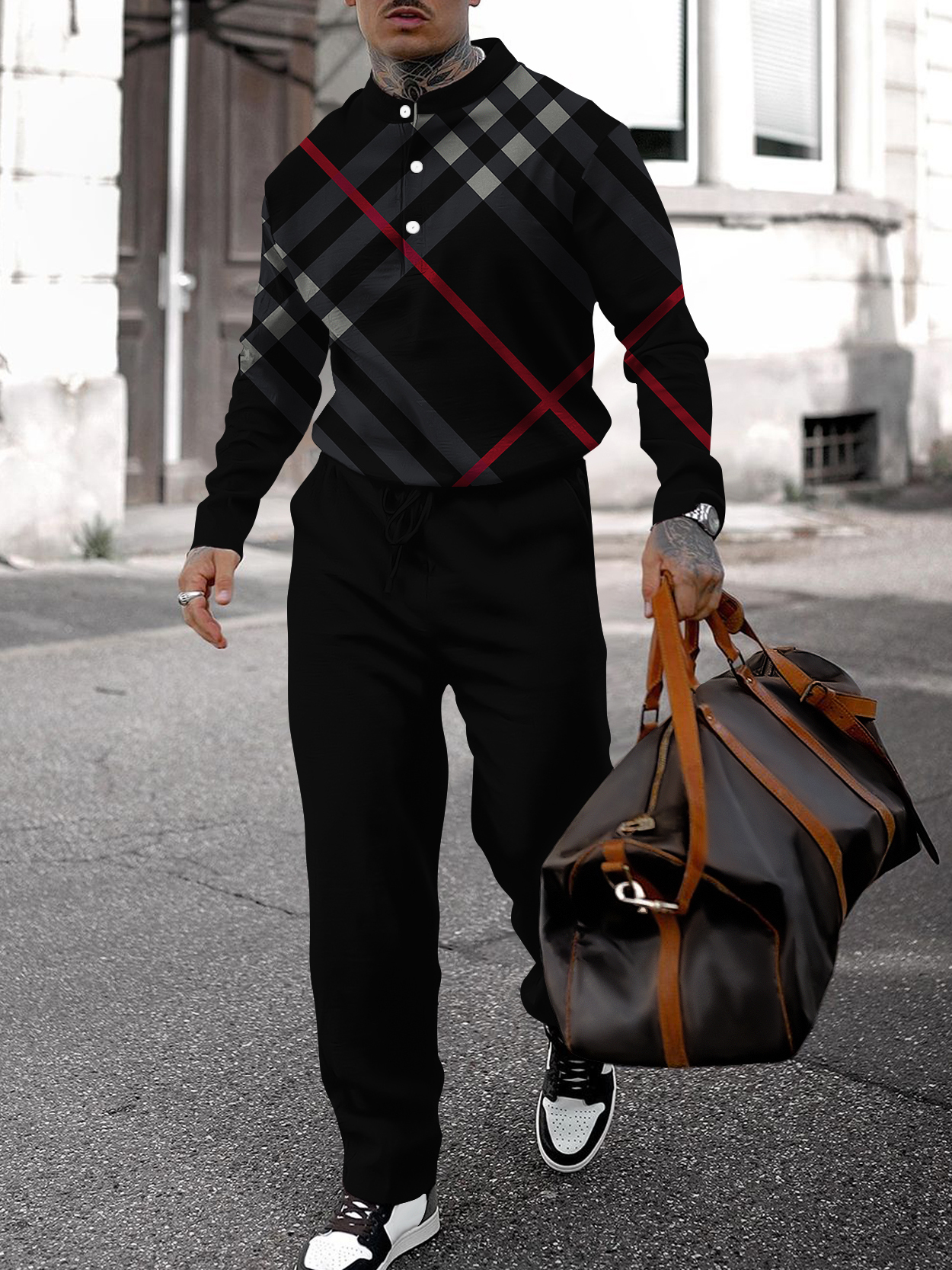 Men's fashion casual geometric print long sleeve two-piece set