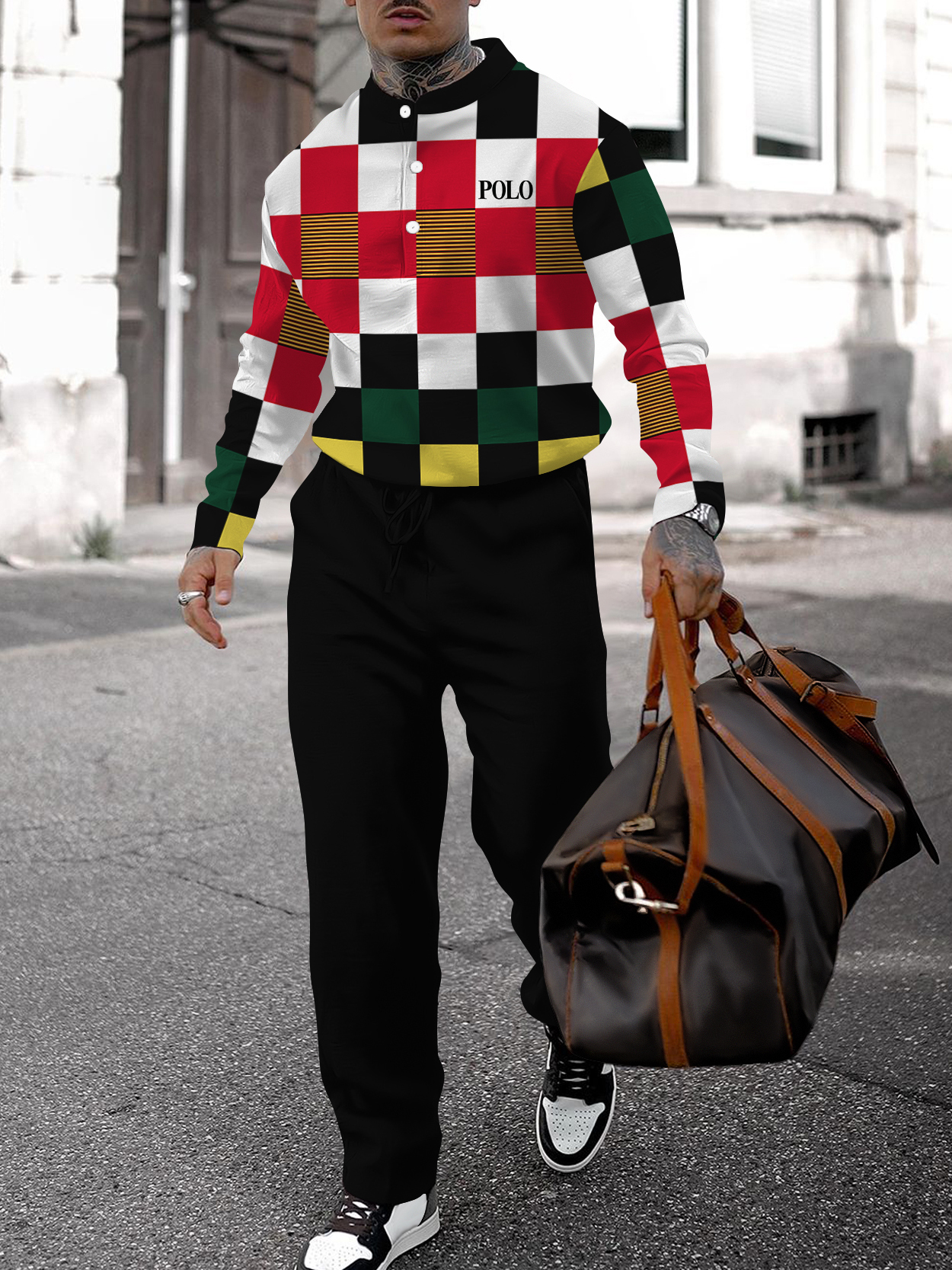 Men's fashion casual geometric print long sleeve two-piece set