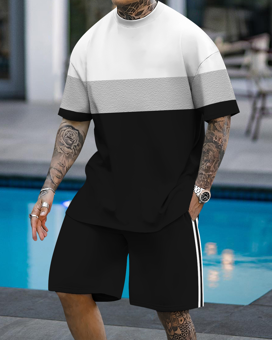 Men's fashion casual color matching printed short-sleeved two-piece se