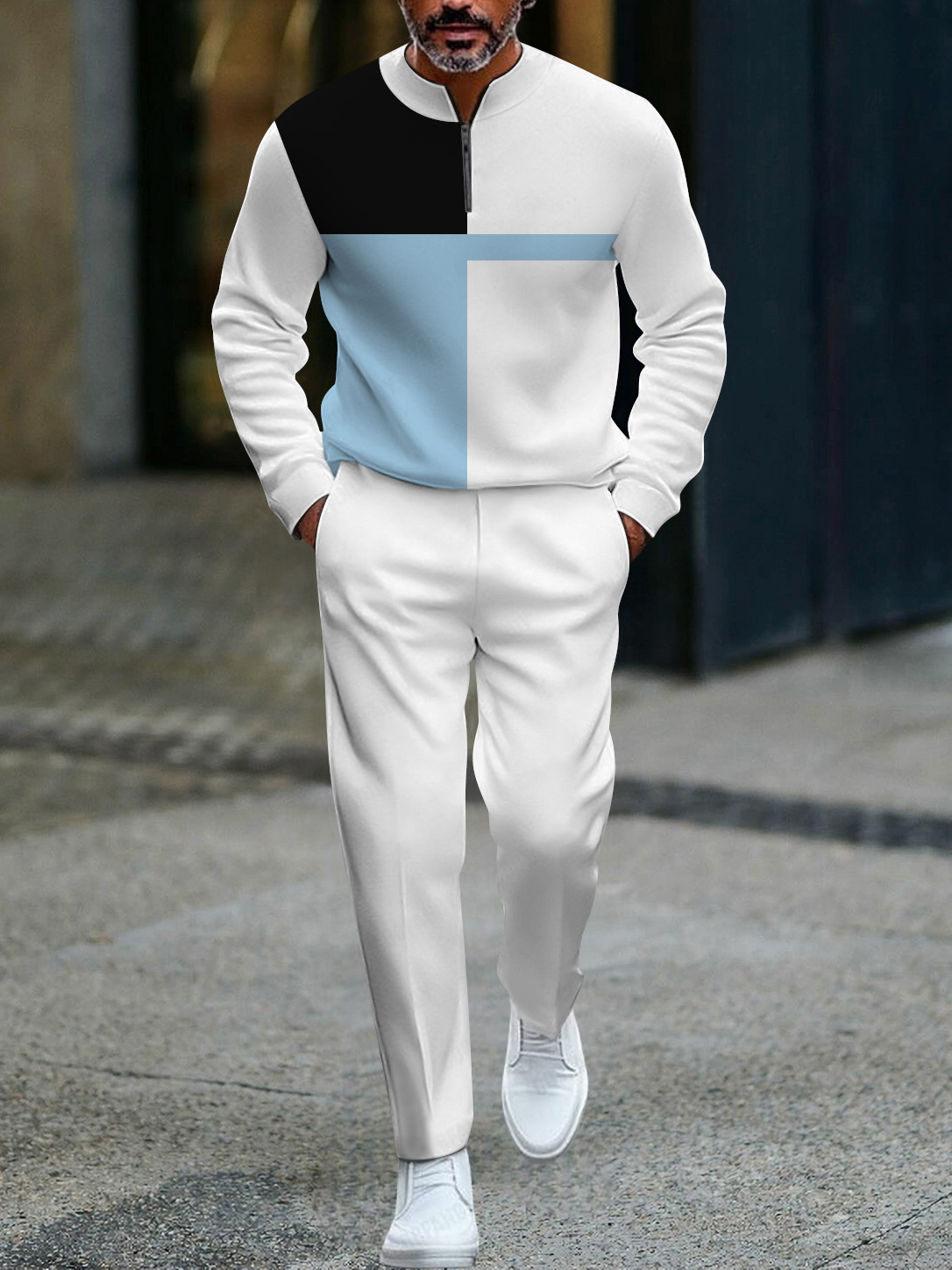 Men's fashion casual geometric print long sleeve zipper two-piece set