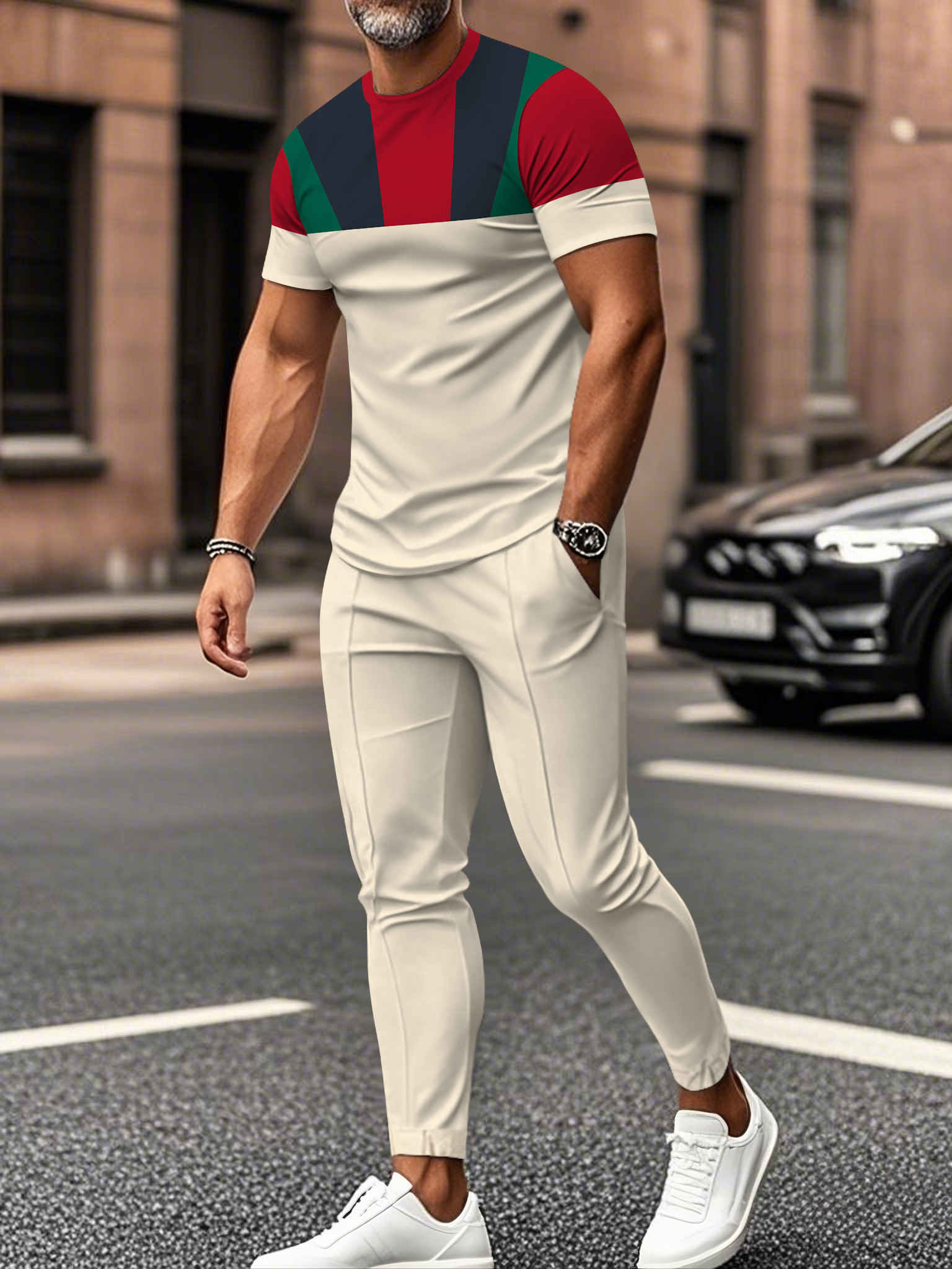 Men's fashion casual color matching striped printed short sleeved trousers two-piece set