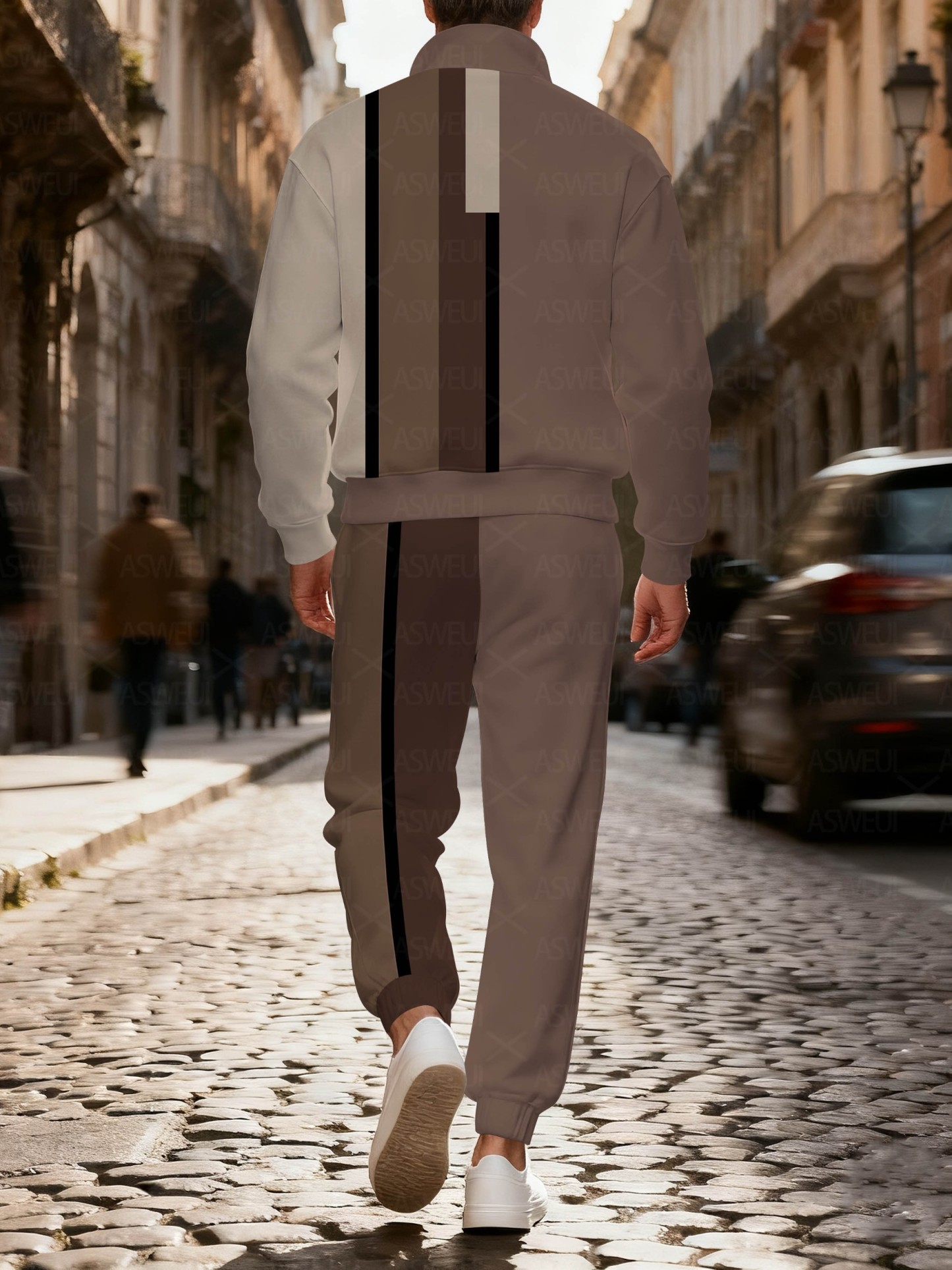 Men's fashionable brown printed zipper long-sleeved two-piece set