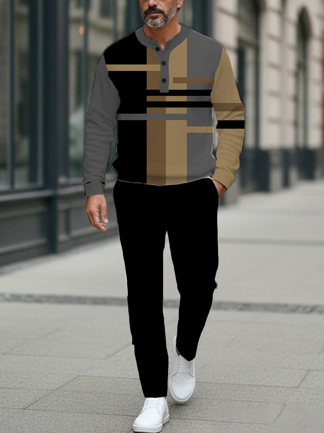 Men's Fashion Casual Geometric Print Long Sleeve Button Design Two-Piece Set
