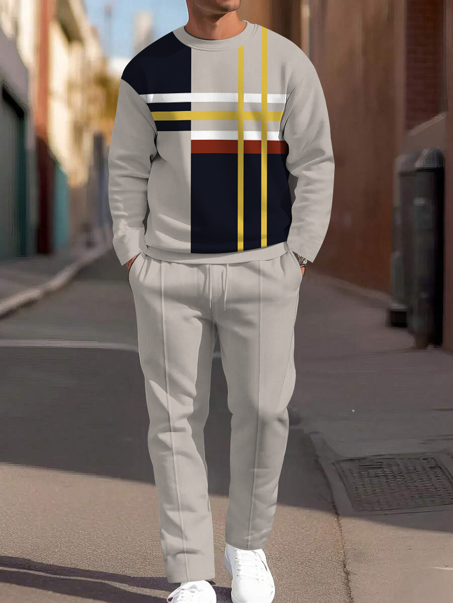 Men's fashion casual geometric printed hoodie two-piece set