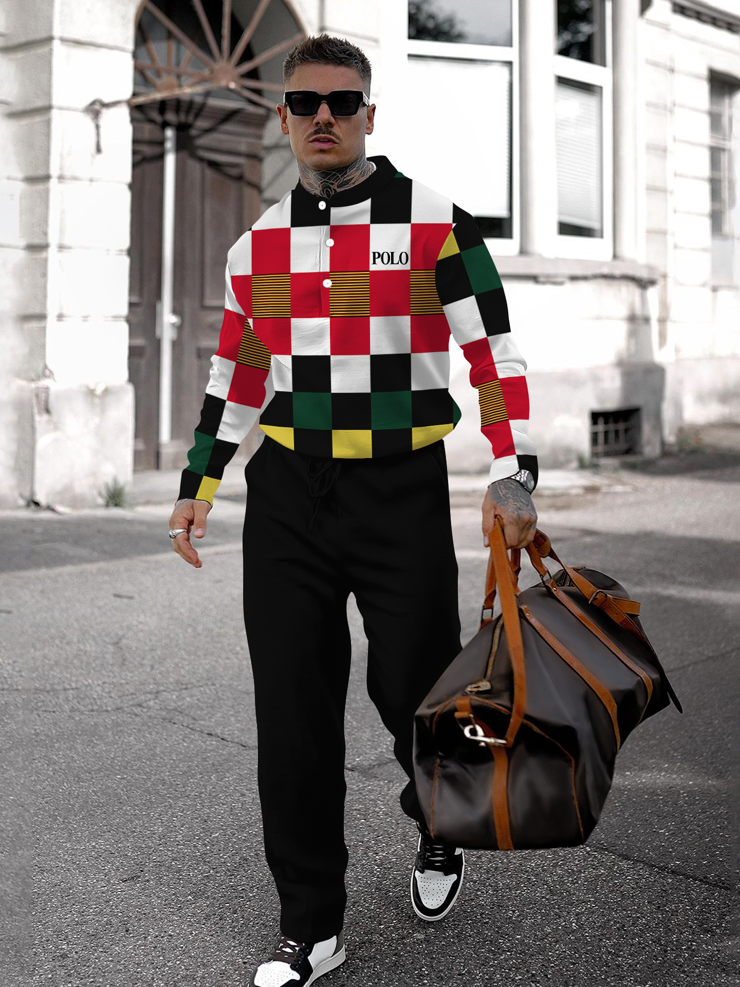 Men's fashion casual geometric print long sleeve two-piece set