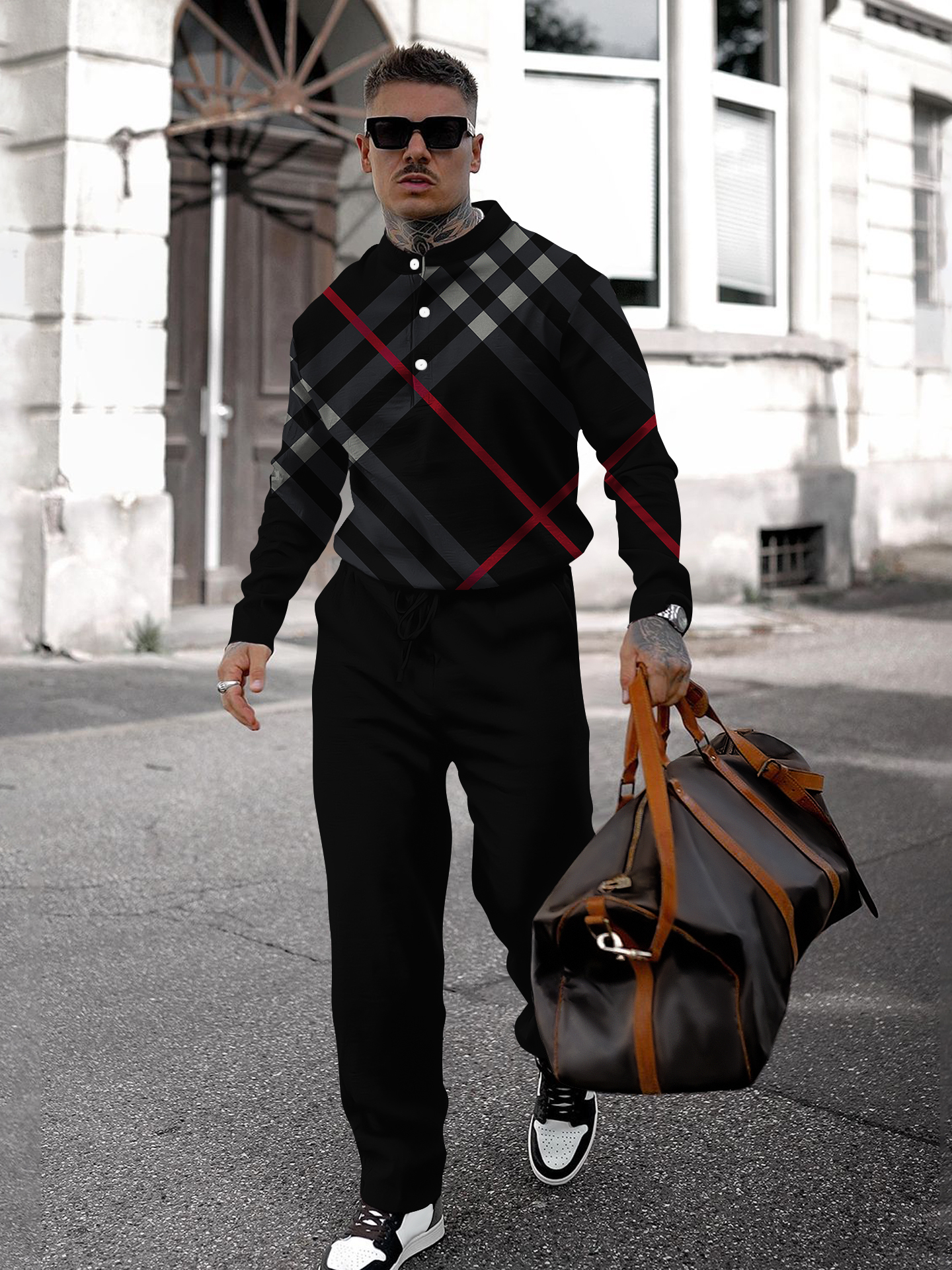 Men's fashion casual geometric print long sleeve two-piece set