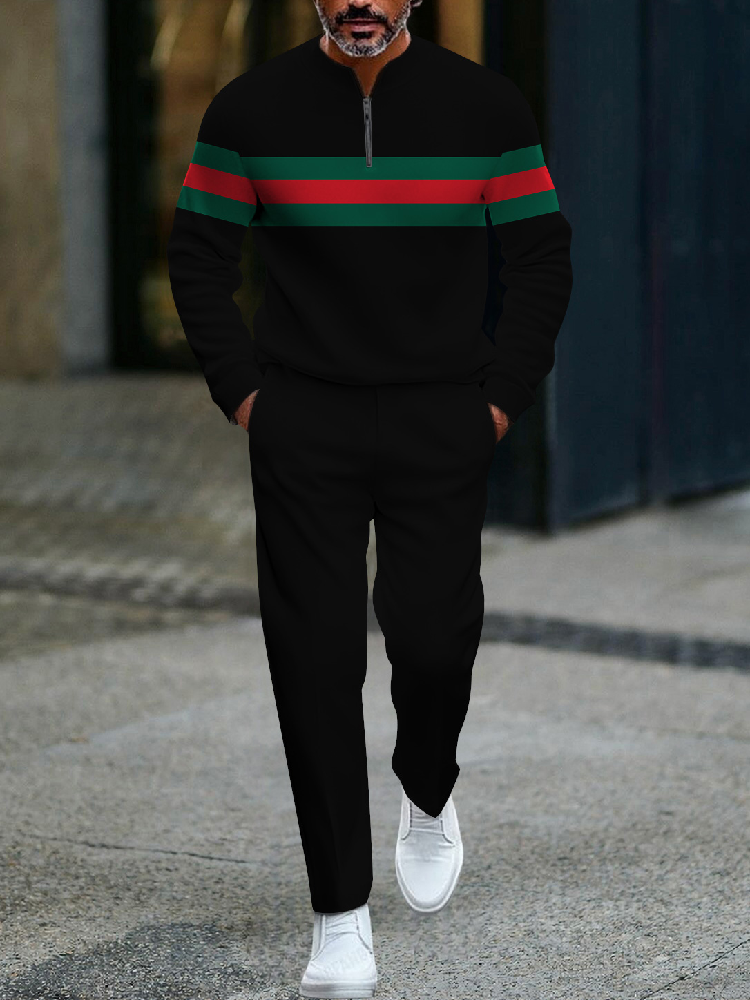 Men's fashion casual geometric print long sleeve zipper two-piece set