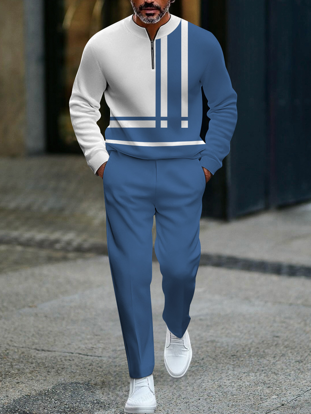 Men's fashion casual geometric print long sleeve zipper two-piece set