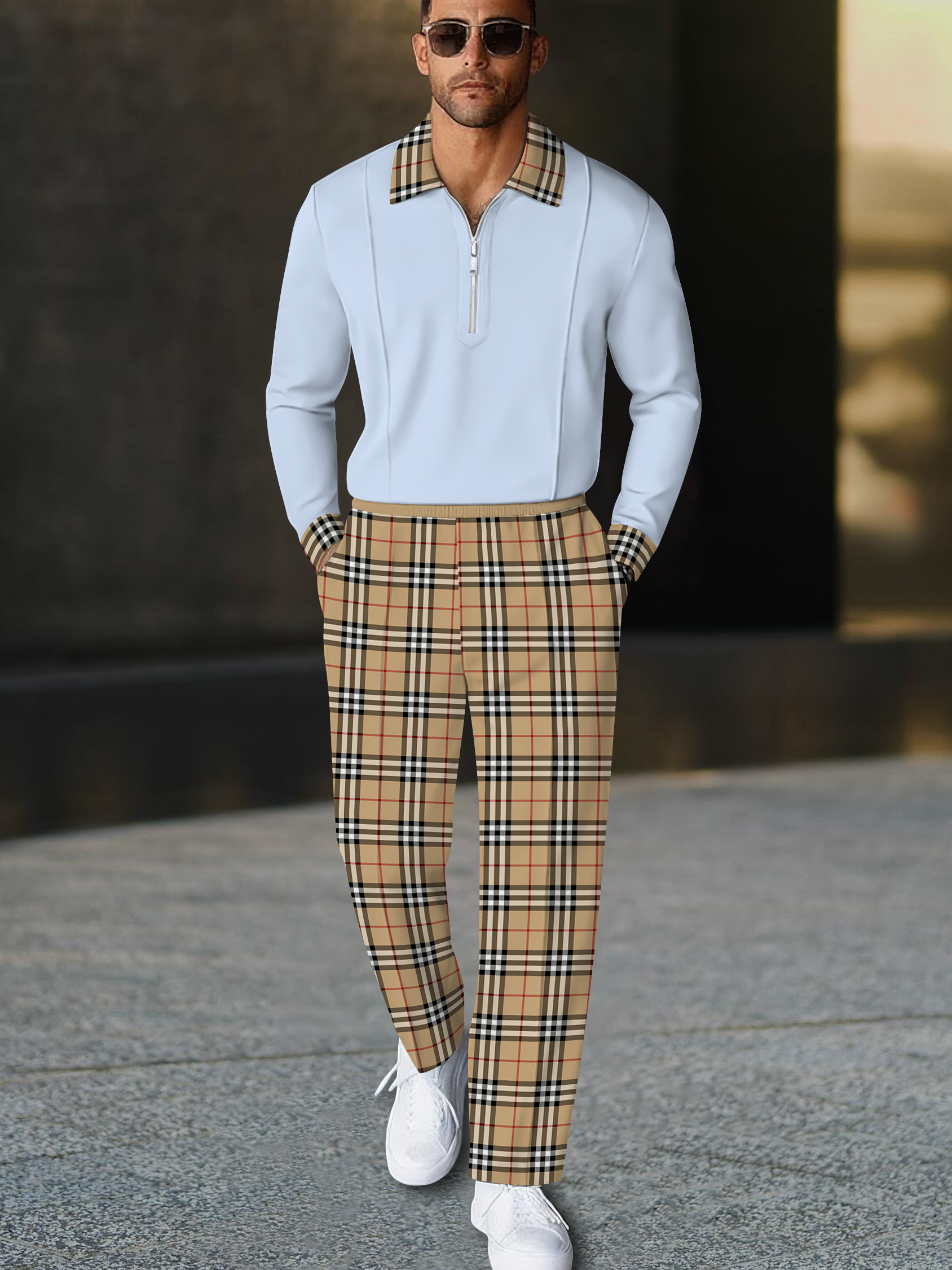 Men's fashion casual geometric print long sleeve zipper polo two-piece set