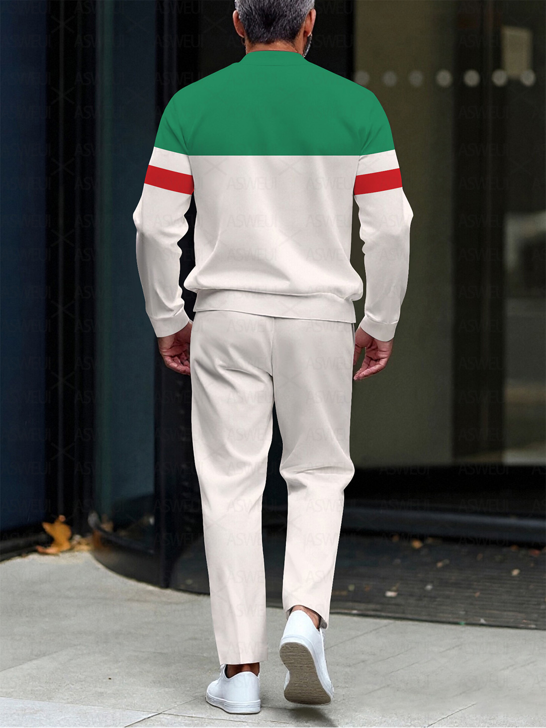 Men's fashion casual geometric print long sleeve zipper two-piece set