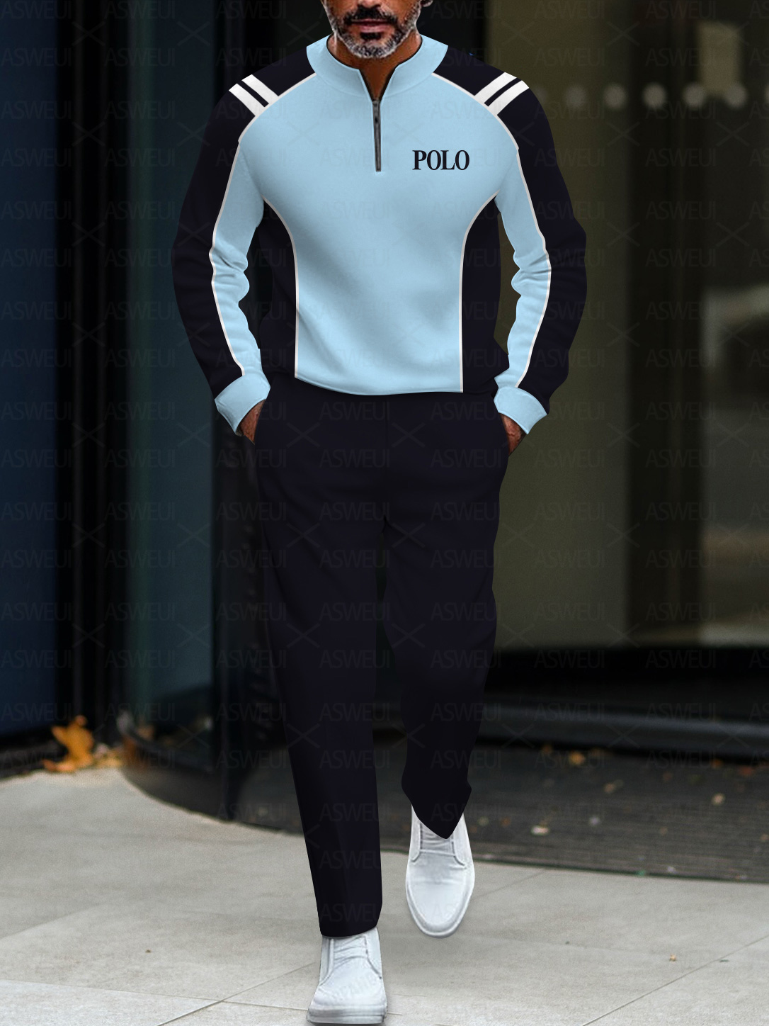 Men's fashion casual geometric print long sleeve zipper two-piece set