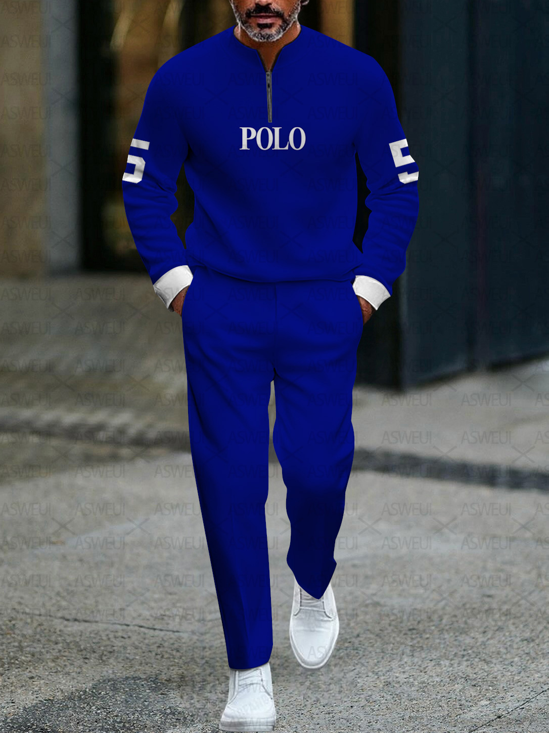 Men's fashionable casual business color-block round-neck zipper long-sleeve two-piece set