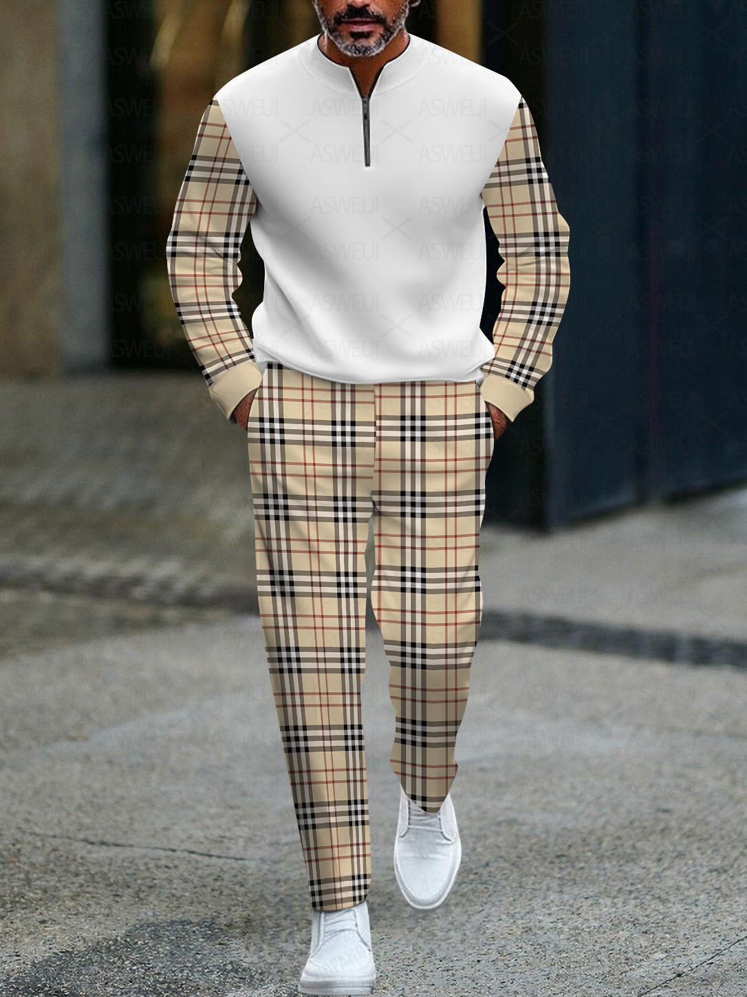 Men's fashionable casual business color-block round-neck zipper long-sleeve two-piece set