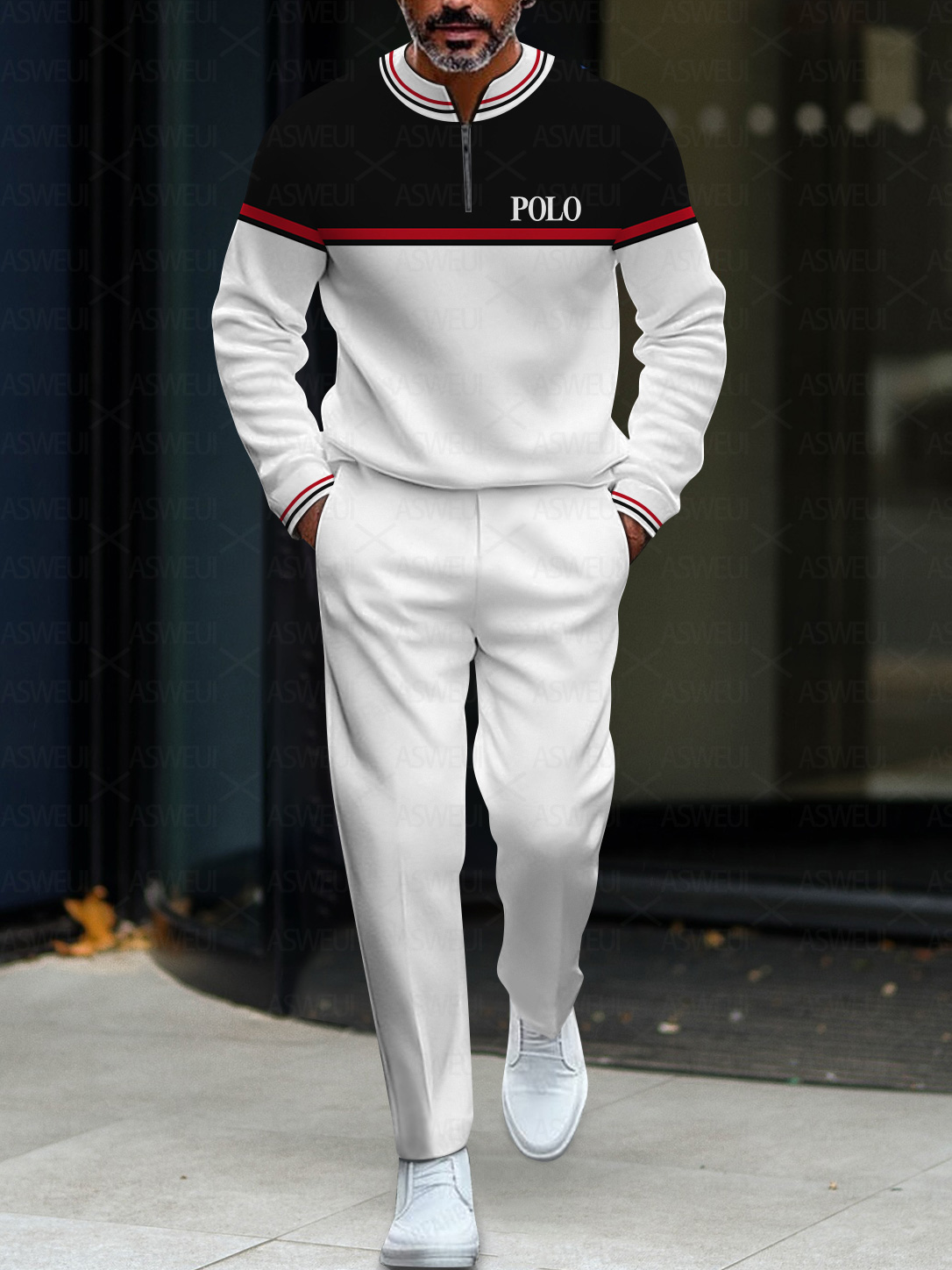 Men's fashion casual geometric print long sleeve zipper two-piece set