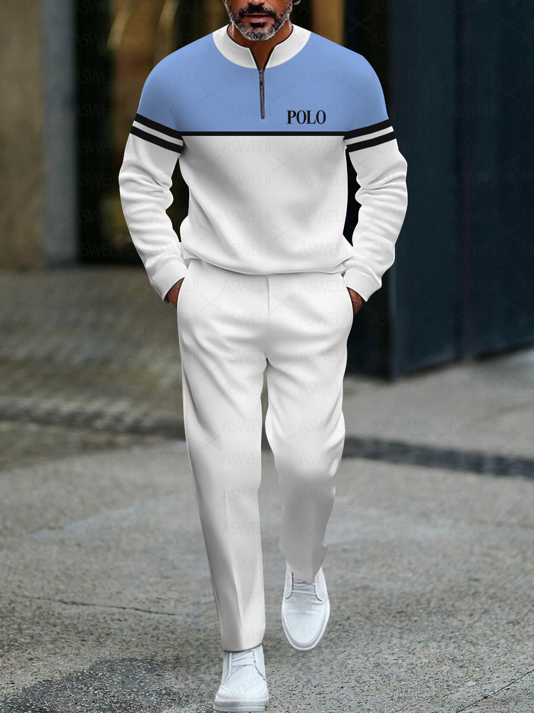 Men's fashionable casual business color-block round-neck zipper long-sleeve two-piece set