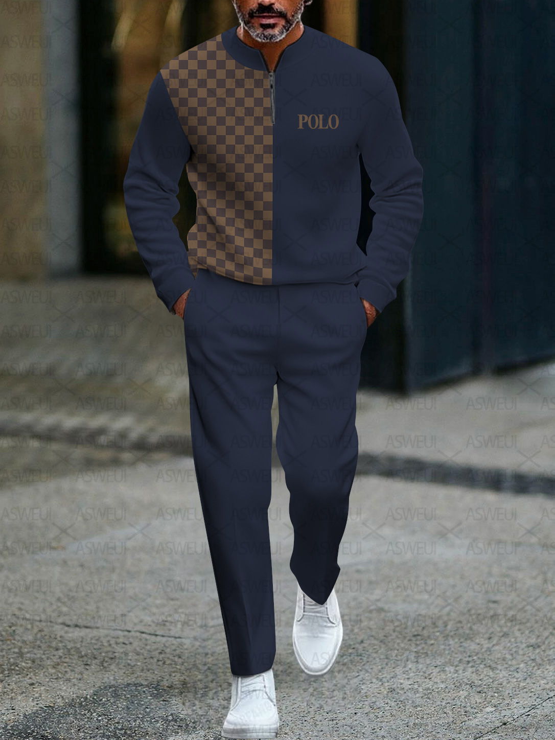 Men's fashionable casual business color-block round-neck zipper long-sleeve two-piece set